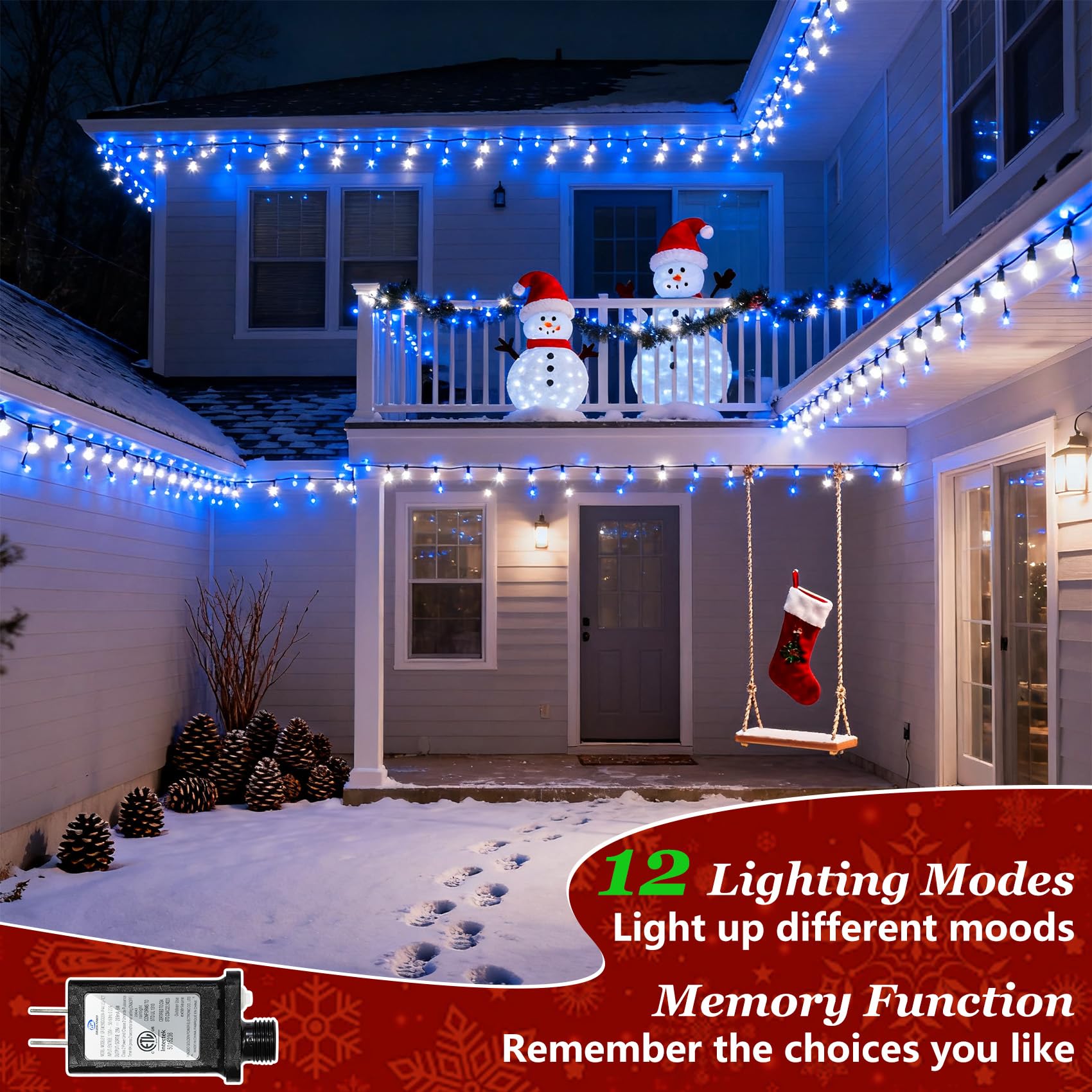 750 Led Christmas String Lights Outdoor  240Ft Twinkle Fairy Lights With Timer & Memory  12 Modes Dimmable Waterproof Tree Light For House Patio Wedding Party Christmas Decororations  Blue & White