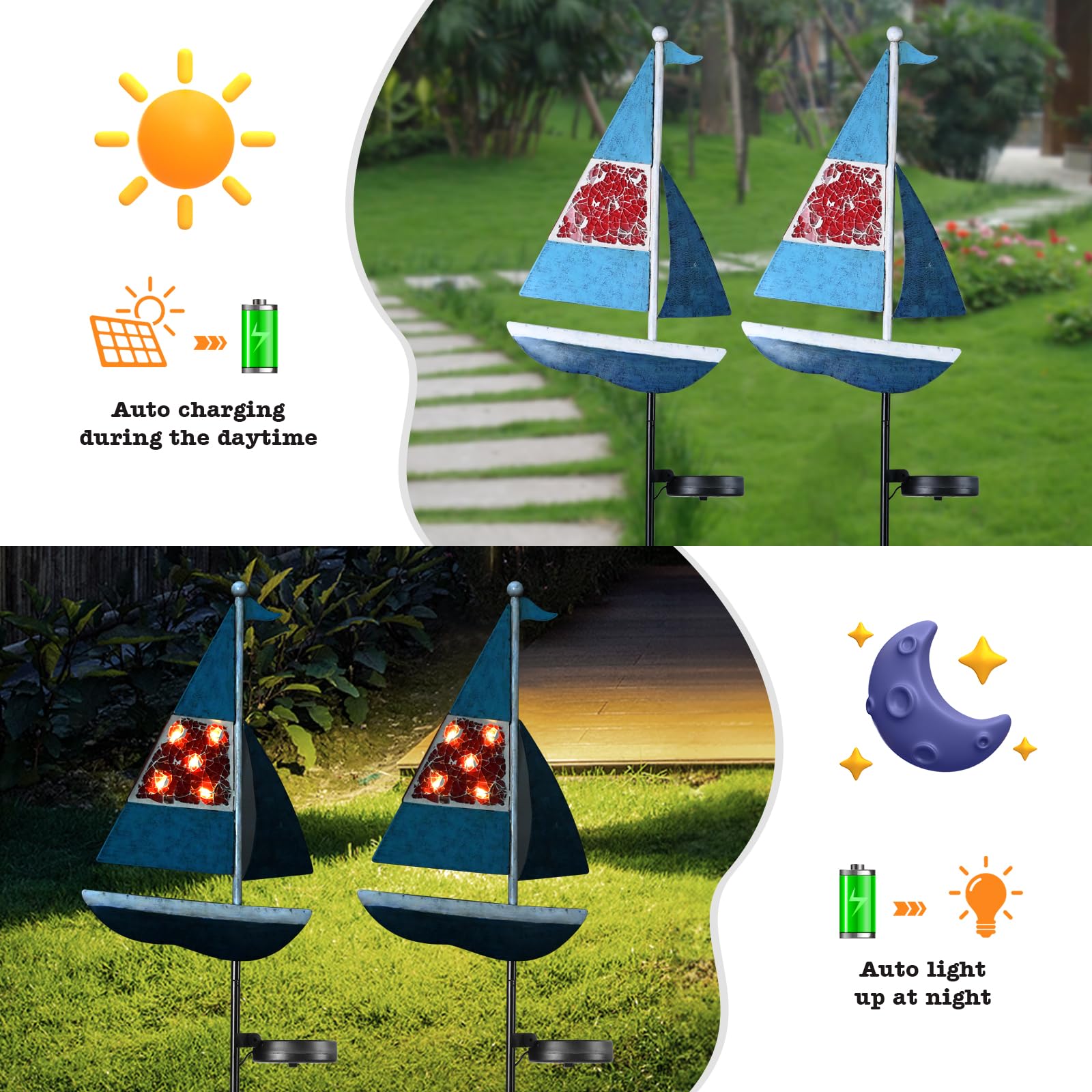 Yiosax Solar Garden Lights Sailboat Stake Decor-Yard Outdoor Statue Decorations Waterproof 5 Led Metal Landscape Lighting Flower Bed,Pond,Yard,Lawn Gift For Mom Grandma Women
