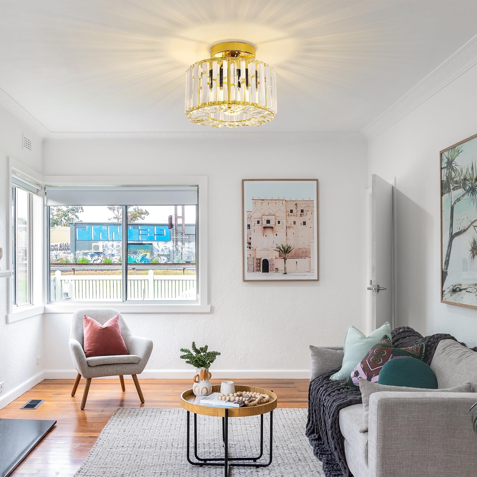 Frideko Home Semi Flush Mount Ceiling Light - Hallway Light Fixtures Ceiling Crystal Chandelier Gold Bedroom Chandelier For Entr