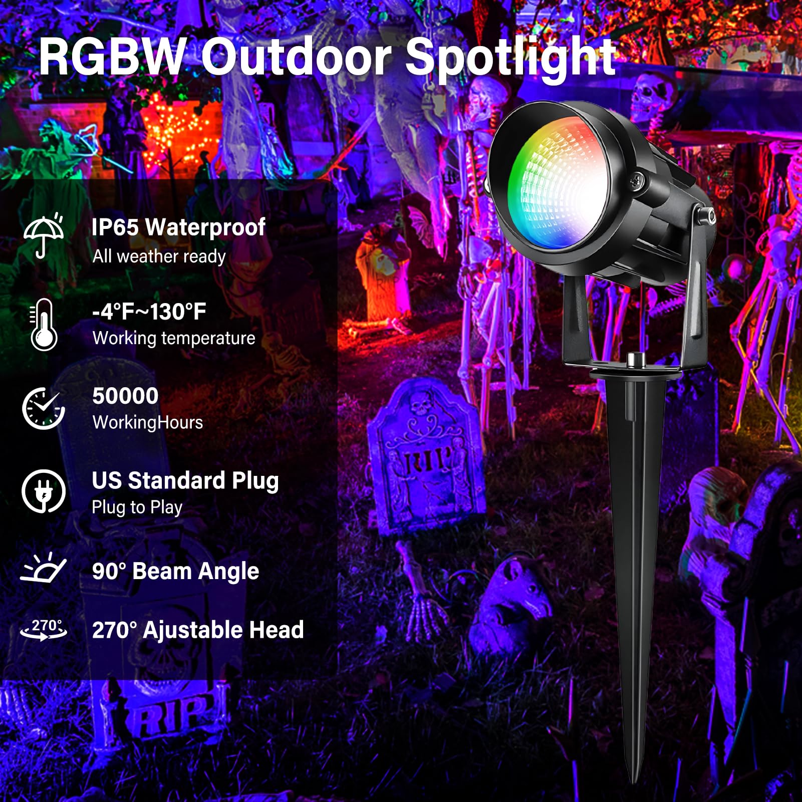 Halloween Christmas Spotlight Outdoor Color Changing Landscape Spotlights 12W Rgbw Led Outdoor Spot Lights For Yard Garden Decor Waterproof 110V Plug In Landscape Lighting With Remote 2 Packs