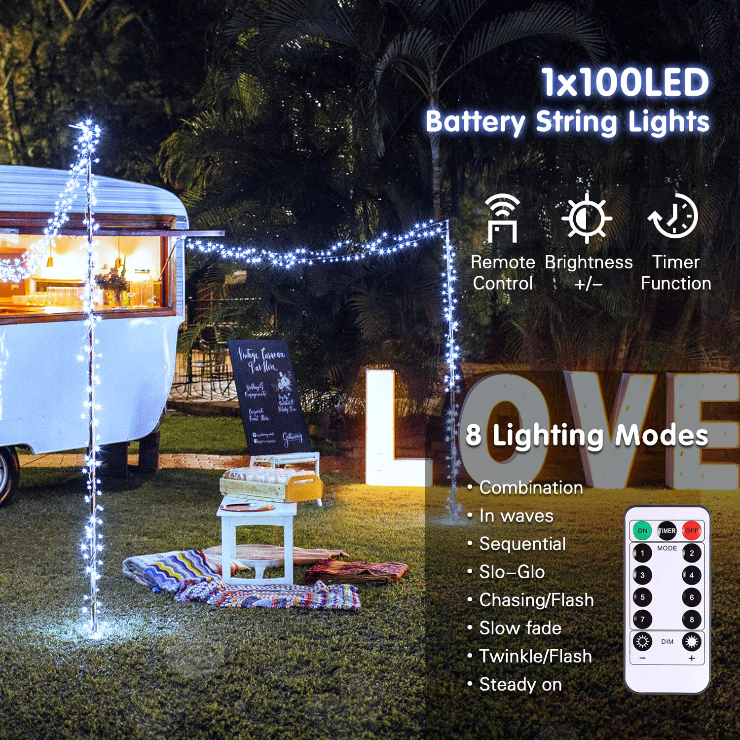 JMEXSUSS Battery Operated String Lights, 33ft, 100 LED, Waterproof, 8 Modes, Remote, Cool White, Indoor/Outdoor, Christmas, Wedding Decor