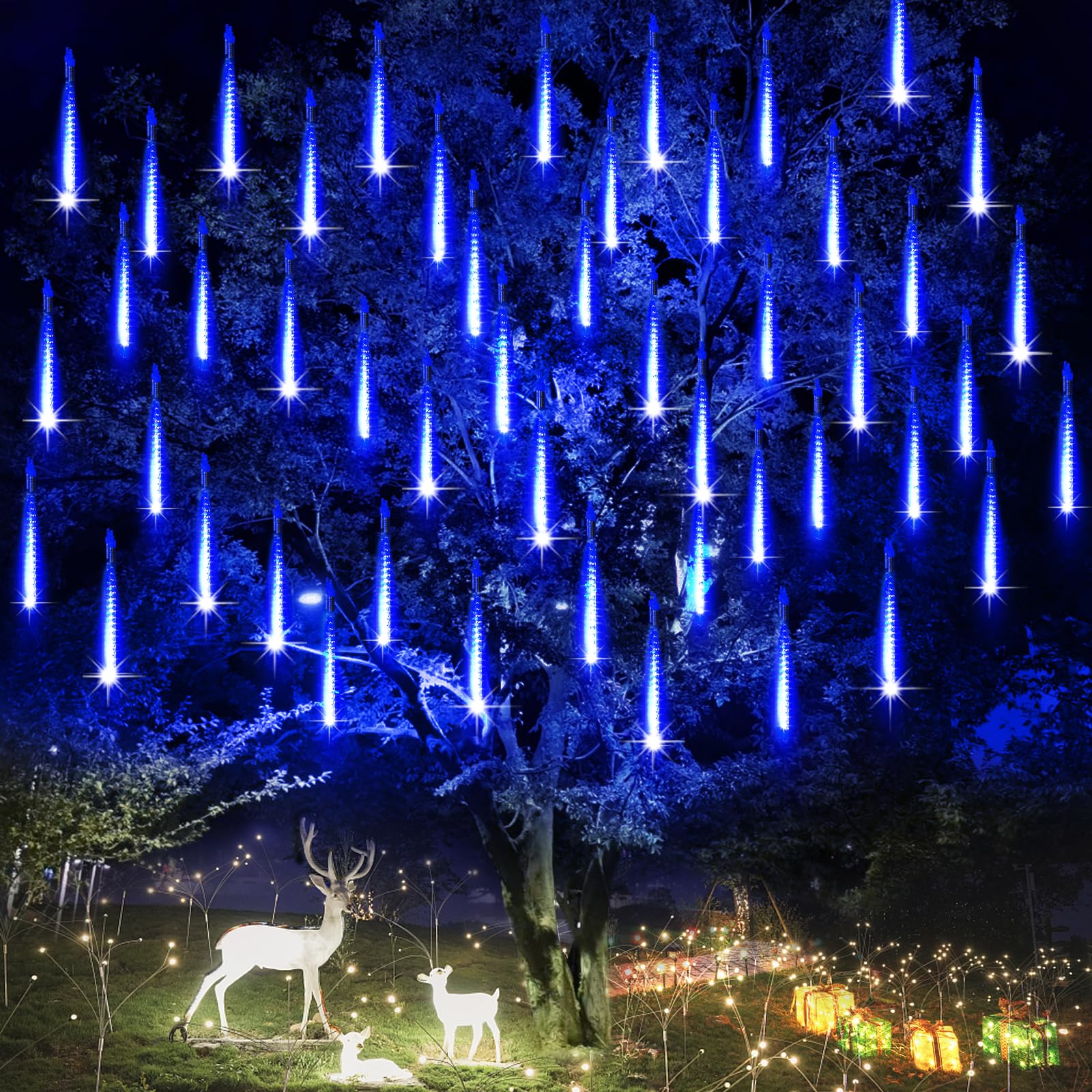 Roytong 20 Inch 10 Tube 540 LED Meteor Shower Rain Lights - Blue Cascading Outdoor Decoration for Christmas Roof Eaves & Trees