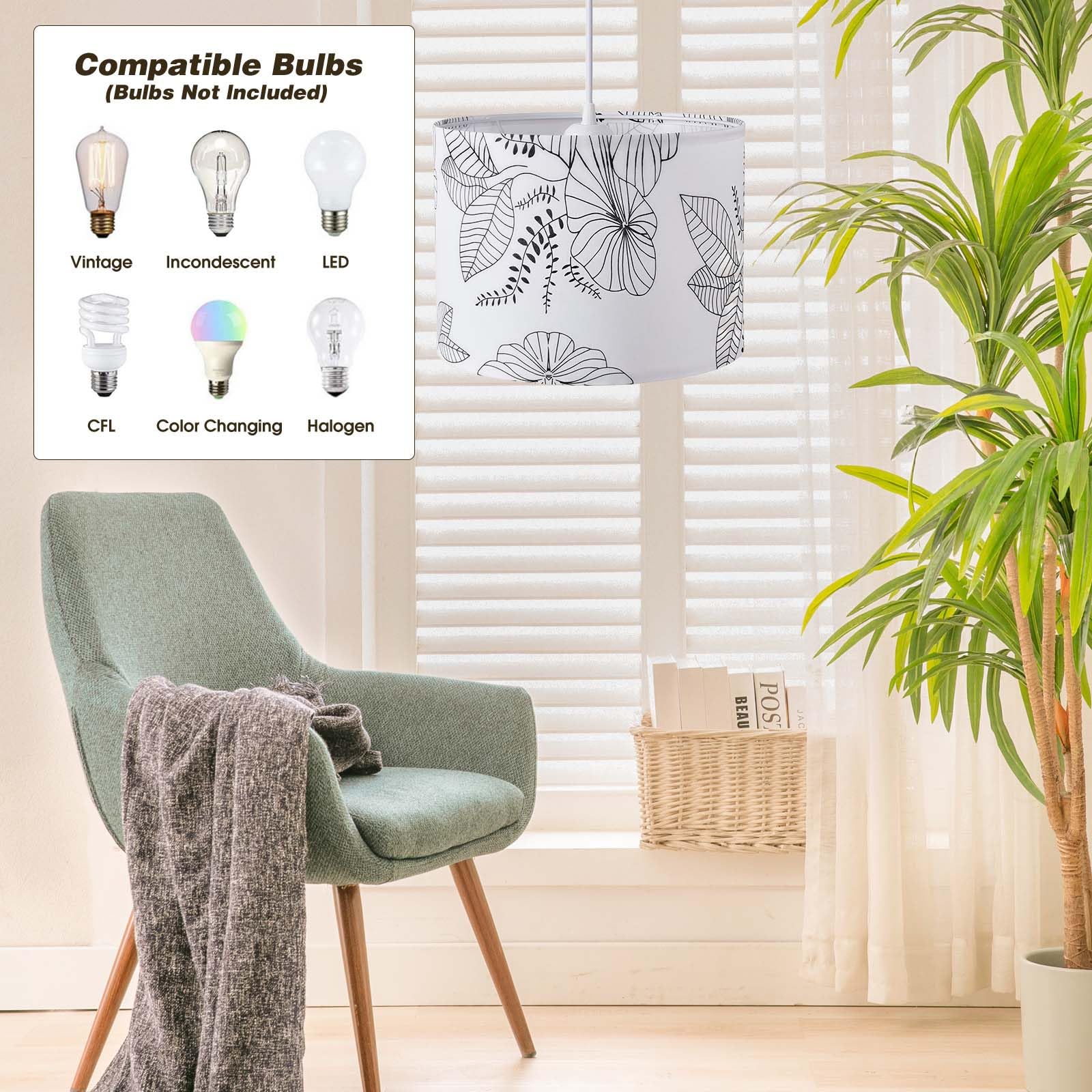 KUAUGST Plug in Pendant Light, 15 FT Hanging Lamp, Fabric Shade, On/Off Switch, Metal, Flower Color, Model Plug in Pendant Light-06