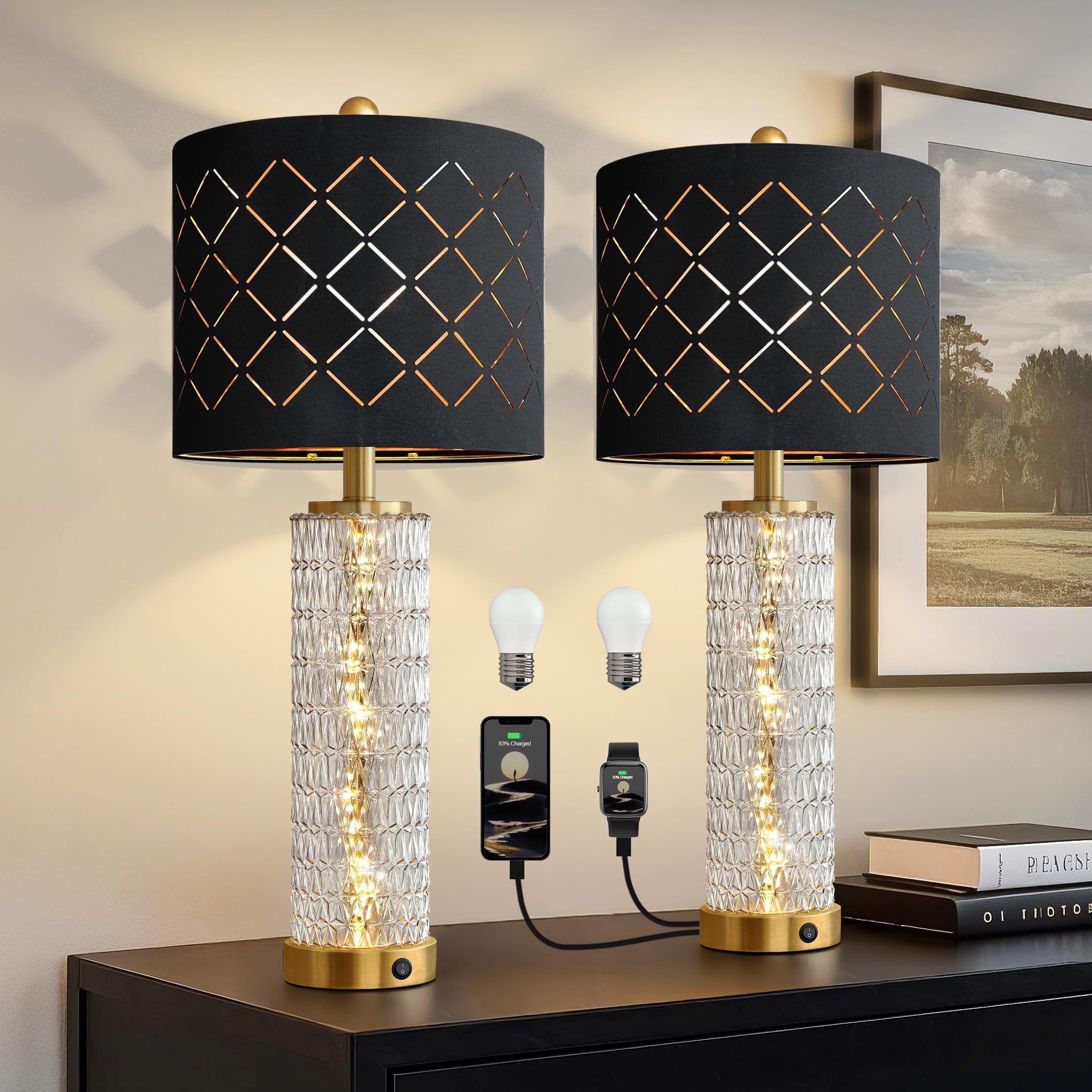 Oneach 27.75'' Modern Table Lamps Set of 2, Gold Bedside Lamp with Crystal Nightlight, USB A+C, Black Grid Shade, Unique Desk La