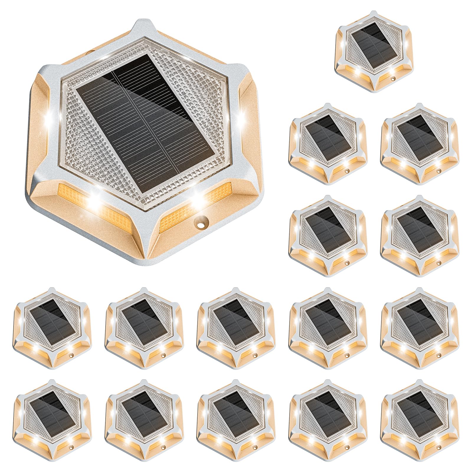 VOLISUN Solar Driveway Lights, 16 Pack, Waterproof LED Marker Lights, Metal, White/Warm White, Model 21386ZM