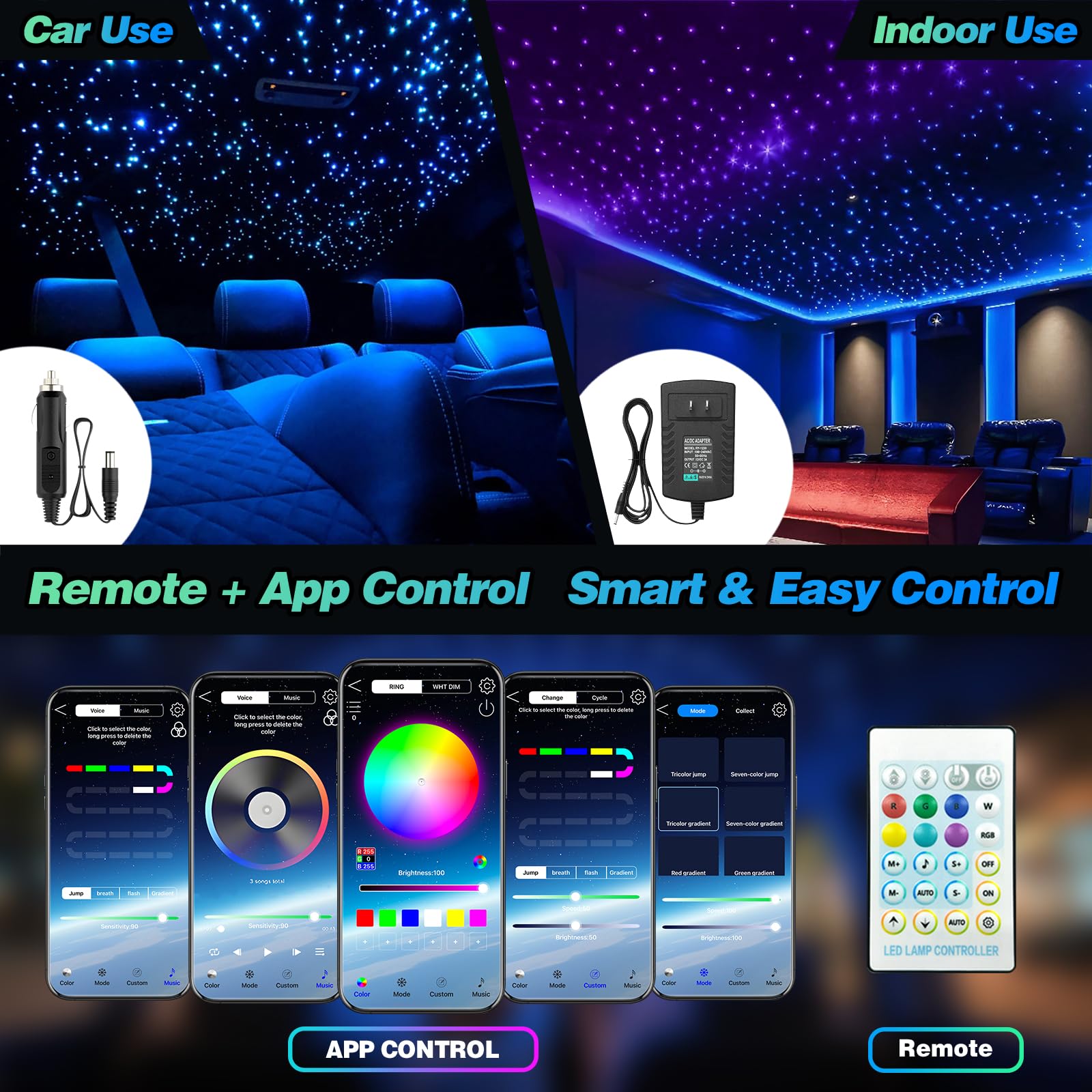 Starlight Headliner Kit 500Pcs 0.03in x 9.8ft - Twinkle Fiber Optic Car Roof Star Ceiling Lights | RGBW | Music Mode | APP & Rem