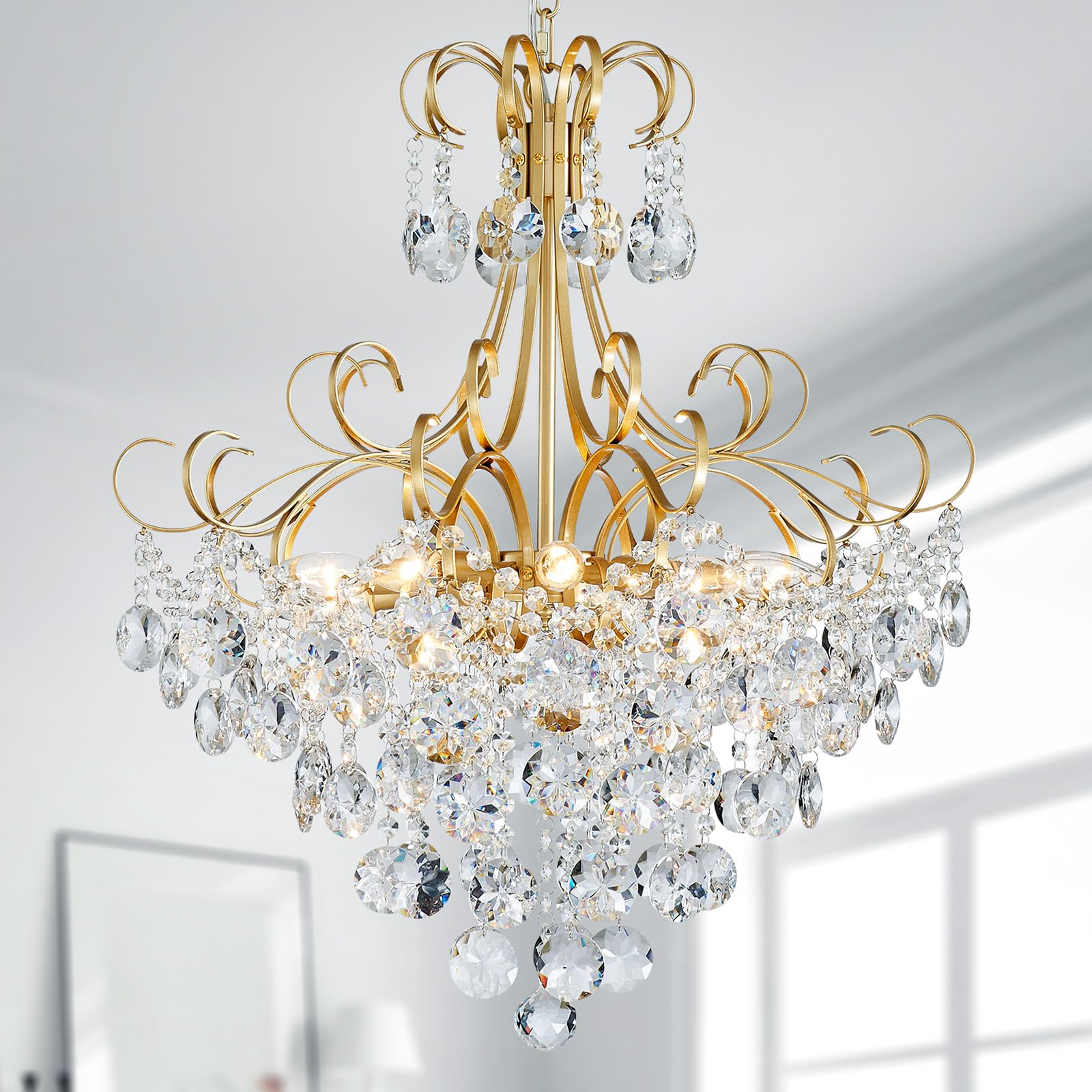ANJIADENGSHI Crystal Chandelier, 10-Lights Gold Pendant Light, 28" High x 23" Wide, Modern K9 Crystal Fixture for Dining Room, Living Room, Bedroom