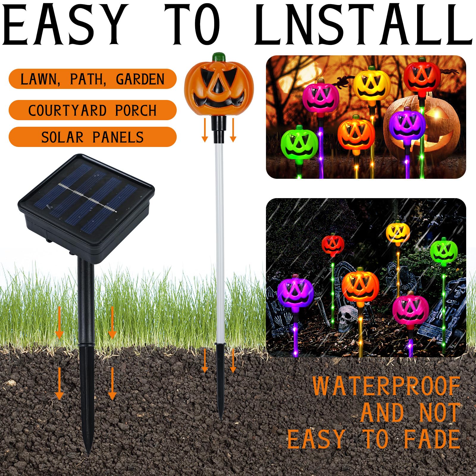 Fathisooc Set Of 6 Solar Pumpkin Pathway Lights For Halloween Decorations Outdoor, Color Changing Outdoor Halloween Lights, Light Up Jack O Lantern Pumpkins For Halloween Party Porch Yard Decorations