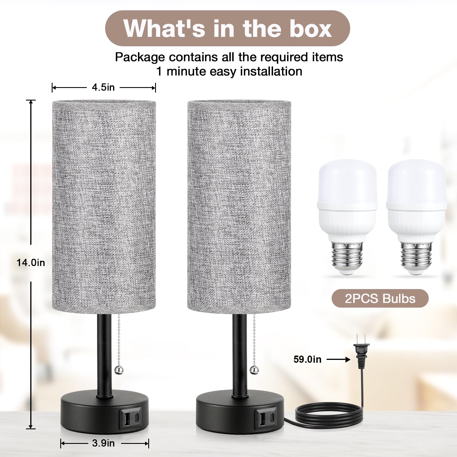 Grey Bedside Lamps For Bedroom Set Of 2 - 14 Inches Tall Nightstand Table Lamp With Usb A + C Charging Port, 3 Color Temperature