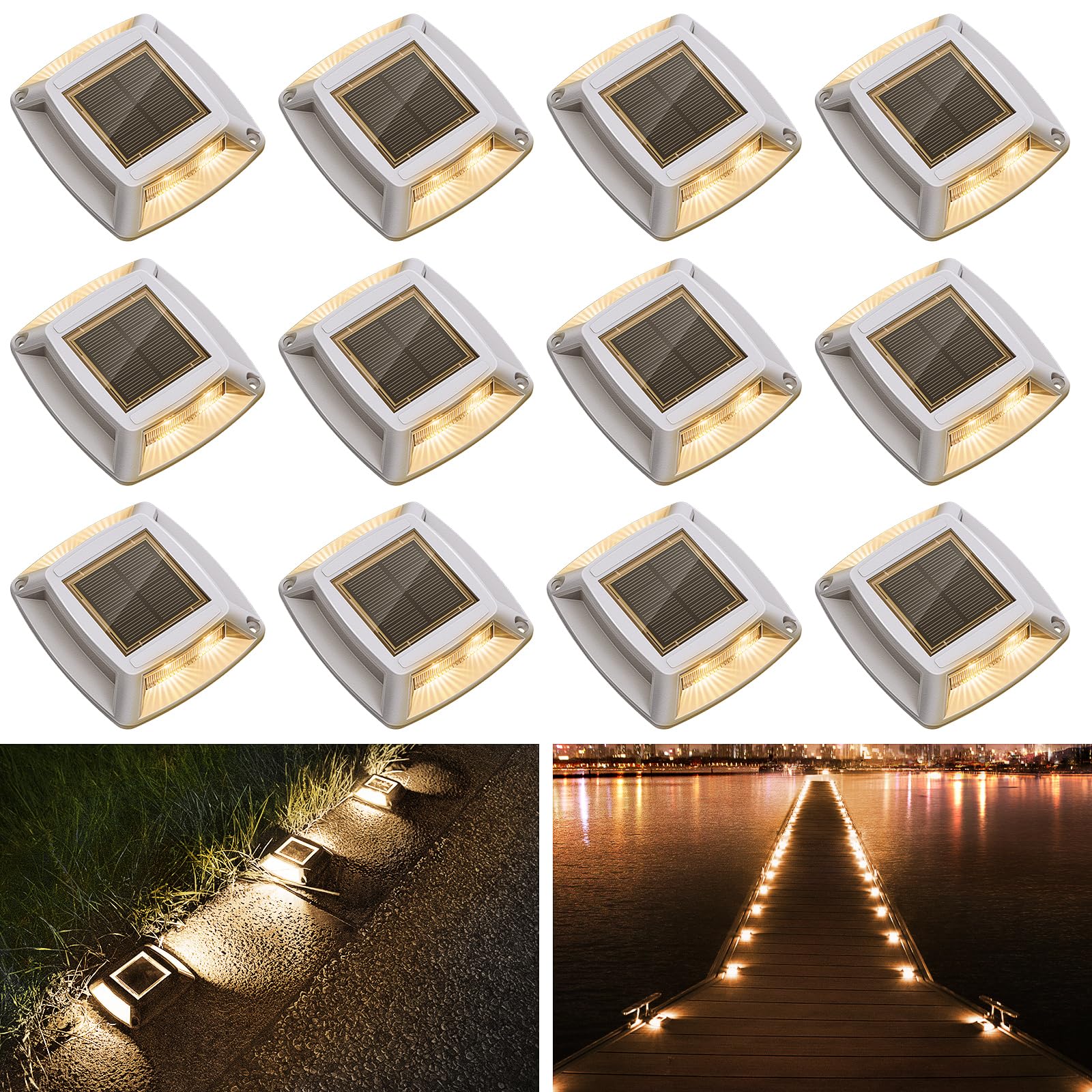 Solar Driveway Lights 12 Pack, Solar Powered IP68 Waterproof Dock Lights, 4 LED Driveway Markers Deck Light for Dock, Pathway, W