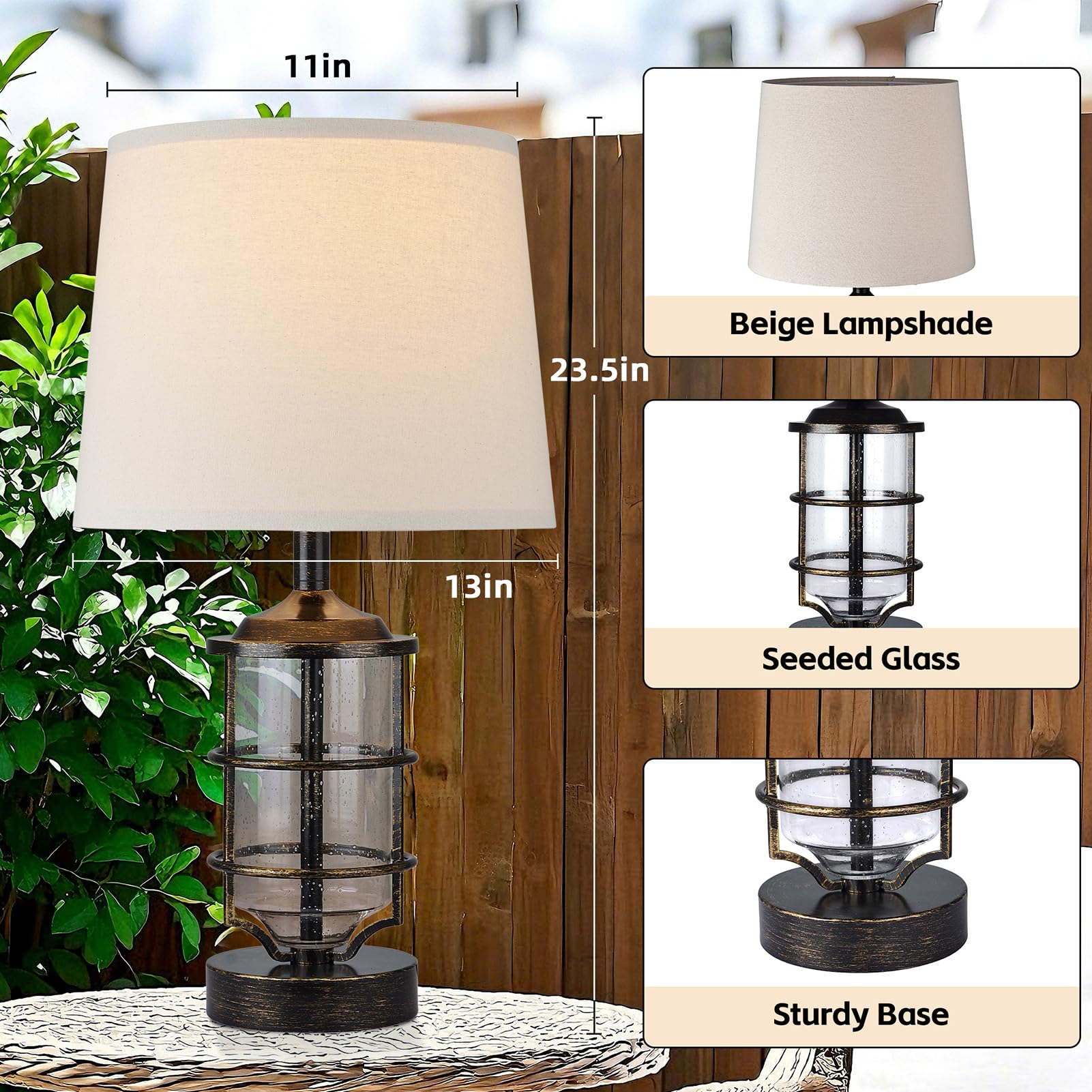 Outdoor Table Lamp, Farmhouse Lamp for Patio Table Decor with Cord, Rustic Table Light with Seeded Glass, 23.5  Plug-in Outdoor