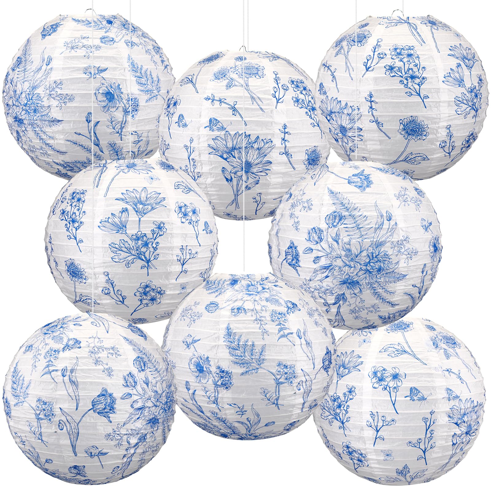 Baquler 8 Pcs Chinoiserie Paper Lanterns Party Decorations Blue and White Floral Hanging Lanterns 12 Inch 2 Styles for Spring Su