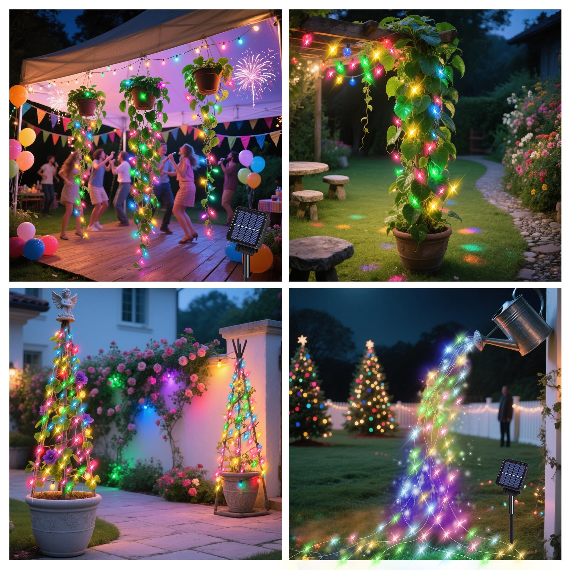 Znycye Solar Waterfall Fairy Bunch Lights Outdoor Waterproof 200Leds 8 Modes Watering Can Light  Multi-Colored Solar Powered String Lights Firefly Vine Christmas Tree Garden Decorations Gifts For Mom
