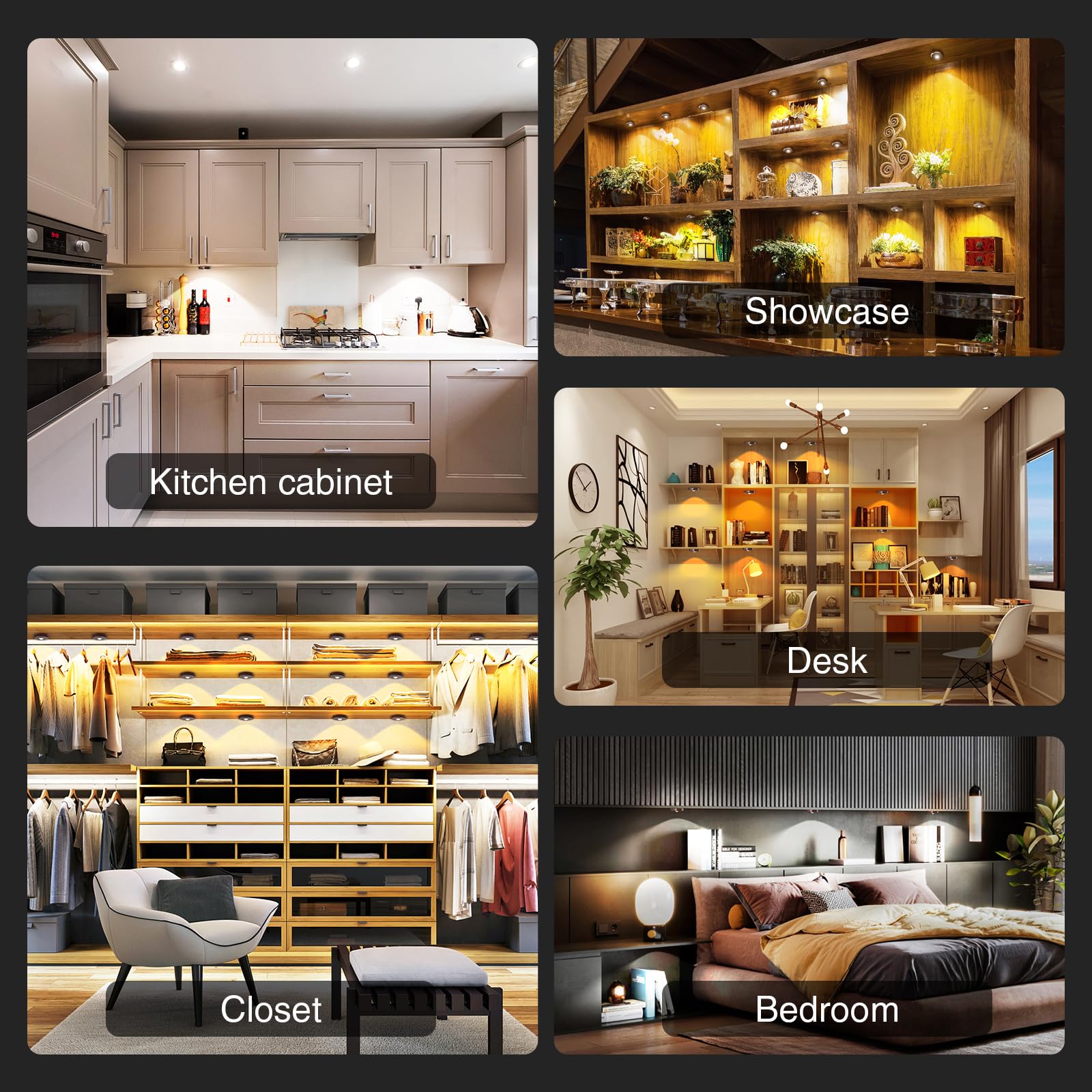 MEKKLEON Puck Lights - Wireless Under Cabinet Lighting, Rechargeable, 5 Pcs, Wood Color, Metal, Model G3-G18