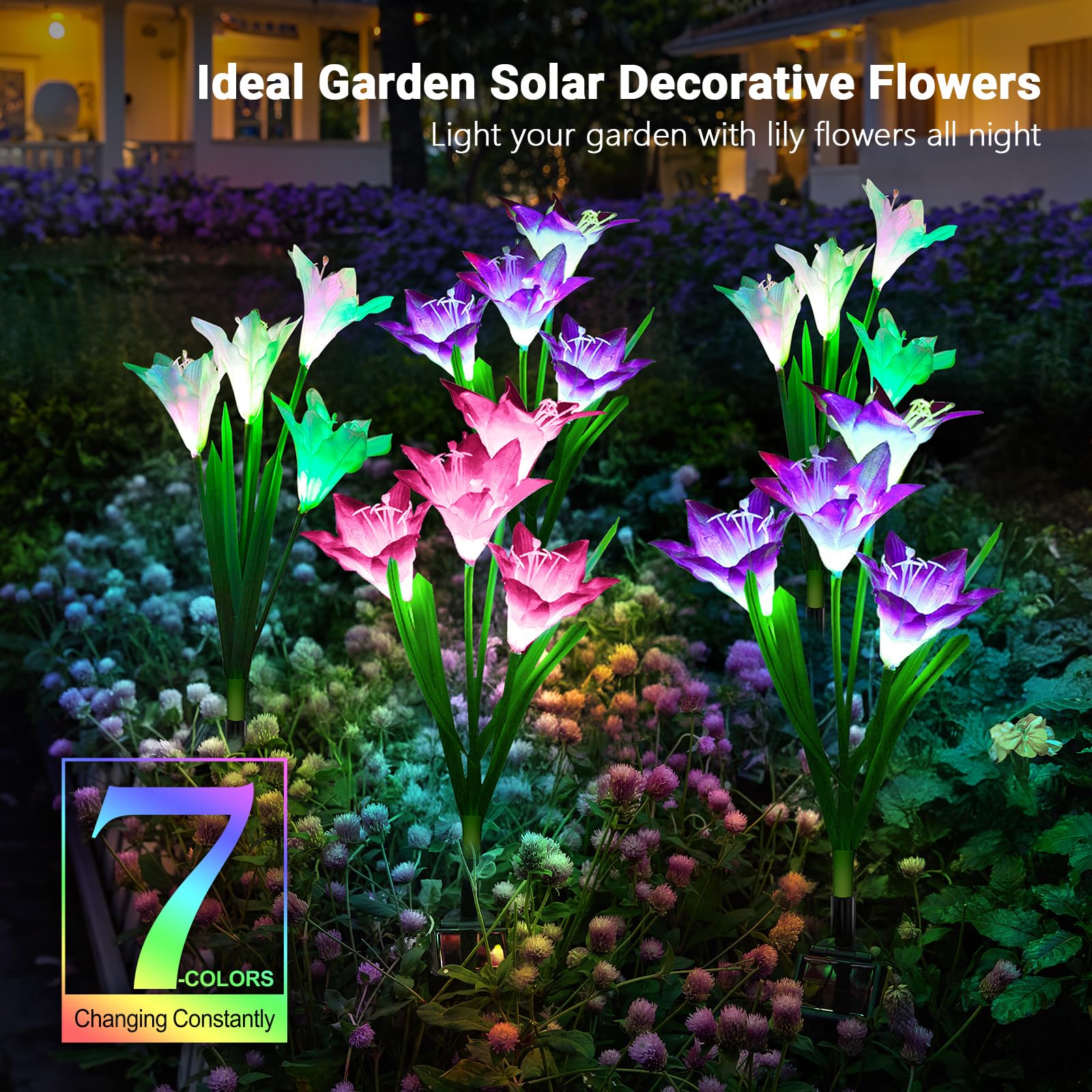 Wdtpro Solar Lights Outdoor Garden Decorative Flowers 6 Pack, Waterproof Solar Garden Lights With 24 Lily Flowers, Multi-Color C