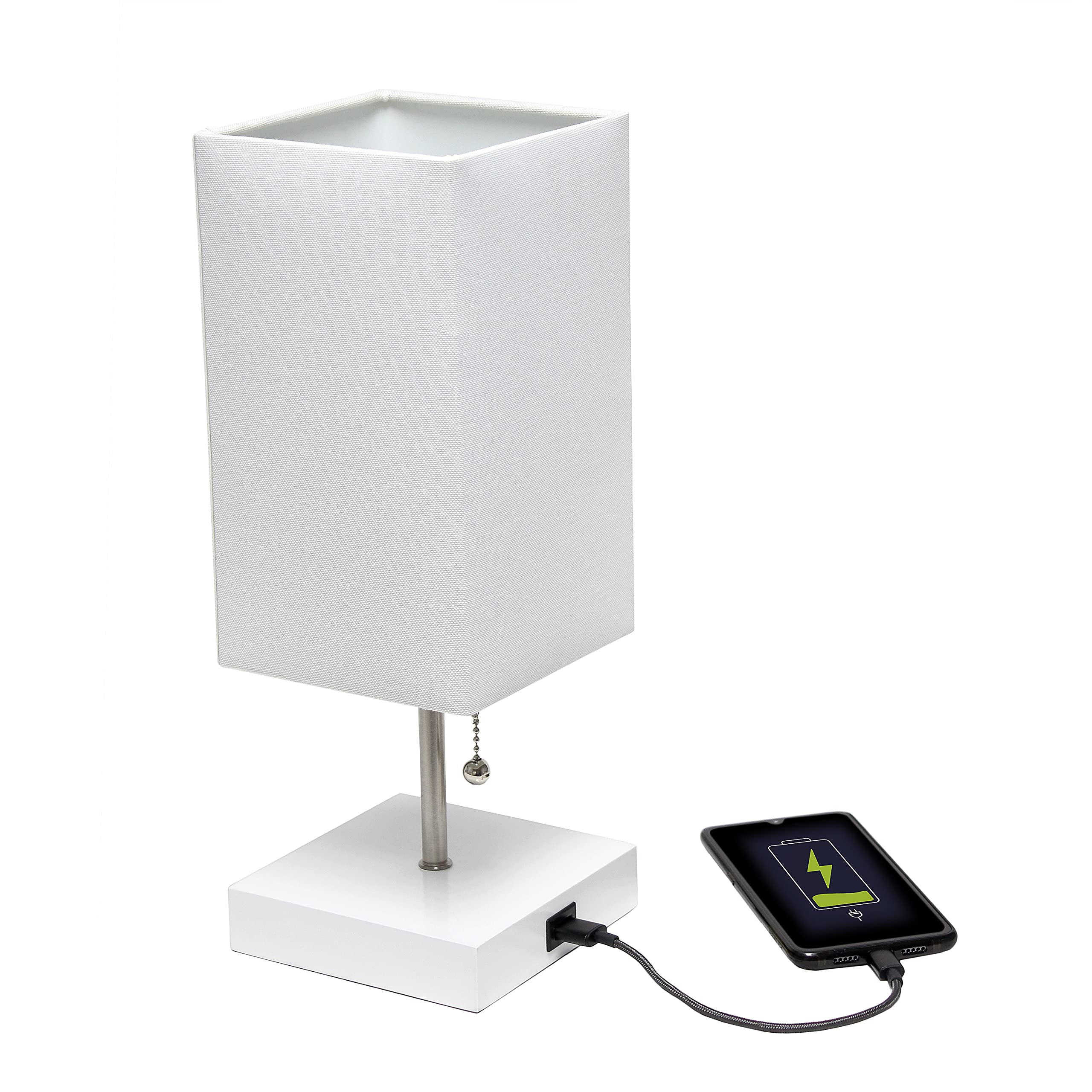 Simple Designs Lt1088-Wow Petite White Usb Charging Bedside Night Stand Table Lamp Pull Chain Switch, White Shade