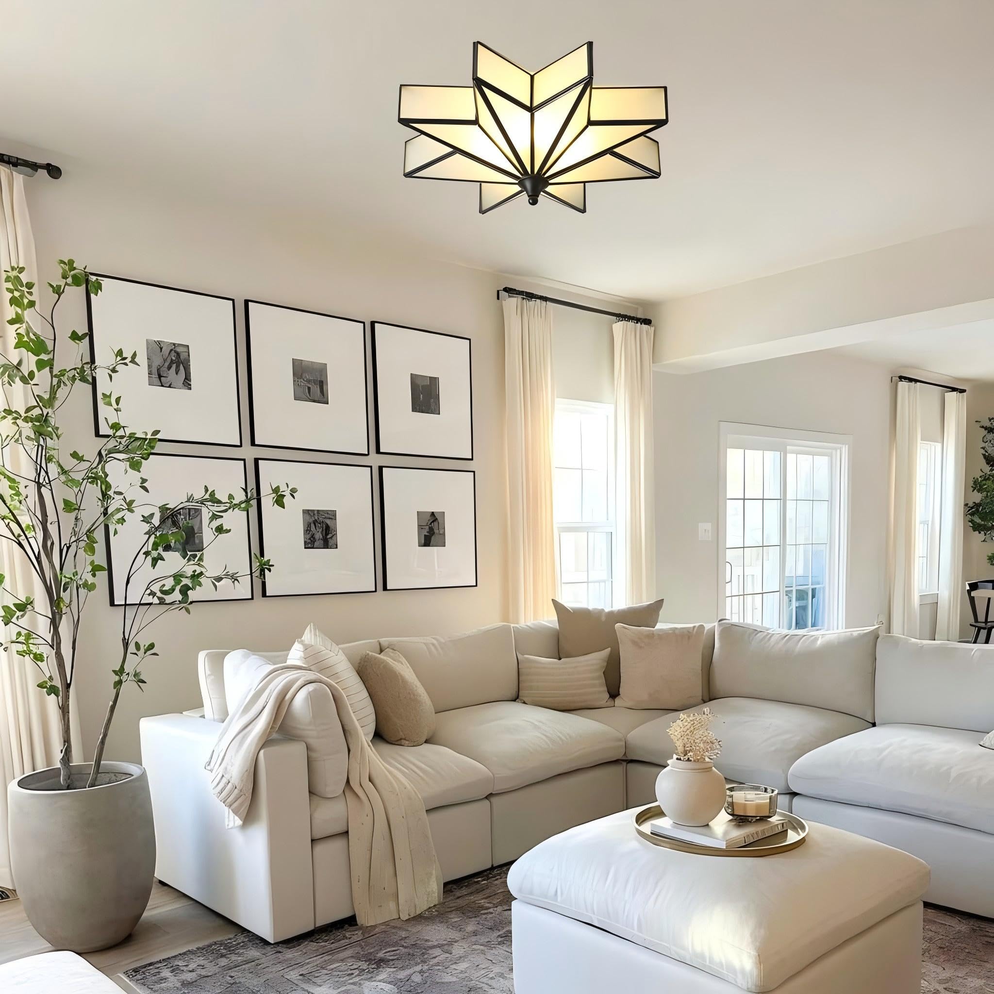 LIGHTLAND Flush Mount Ceiling Light, 4 Lights Brass, Glass Shade, 19.7 Inch, Black, Art Deco for Bedroom, Living Room, Hallway