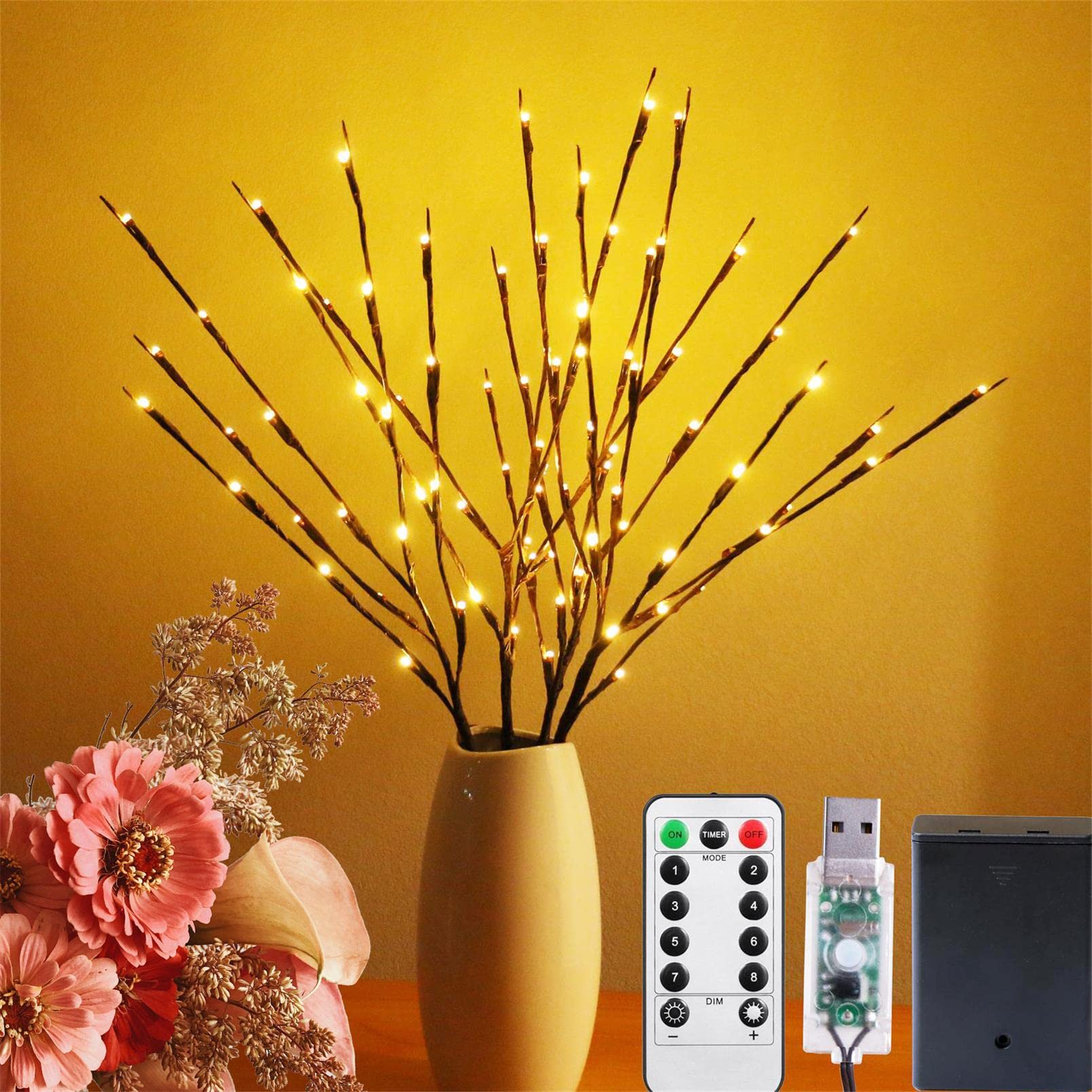 4 Pack Branch Lights with Timer, USB & Battery Powered, 295 Inches 80 LED Willow Tree Twig 8 Mode Remote Branch Lights for Home