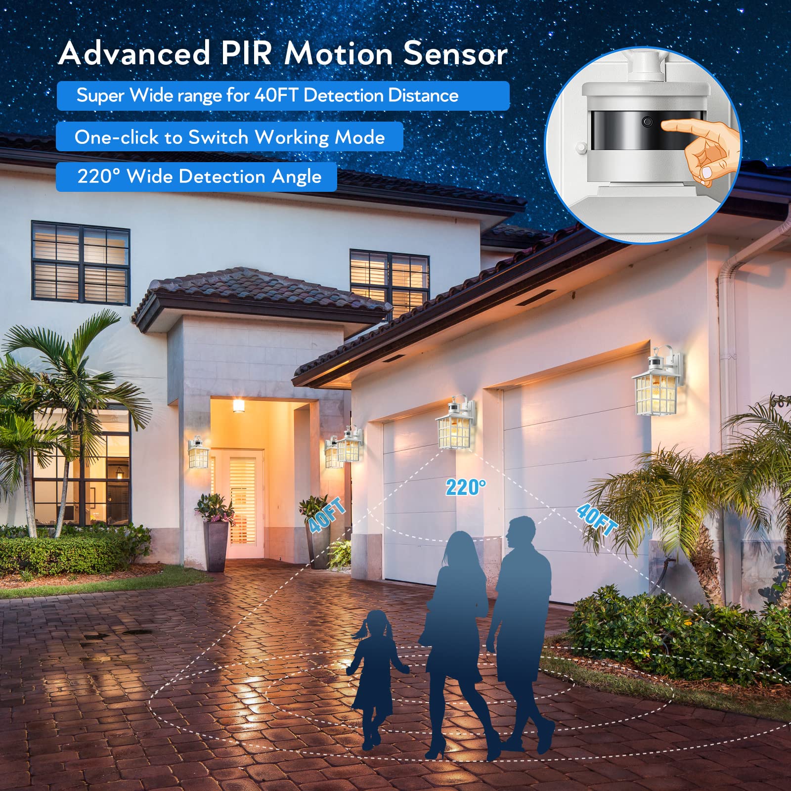 VIANIS White Motion Sensor Wall Lantern, 2-Pack Outdoor Light Fixture, Aluminum, Dusk to Dawn, Model V81032WH