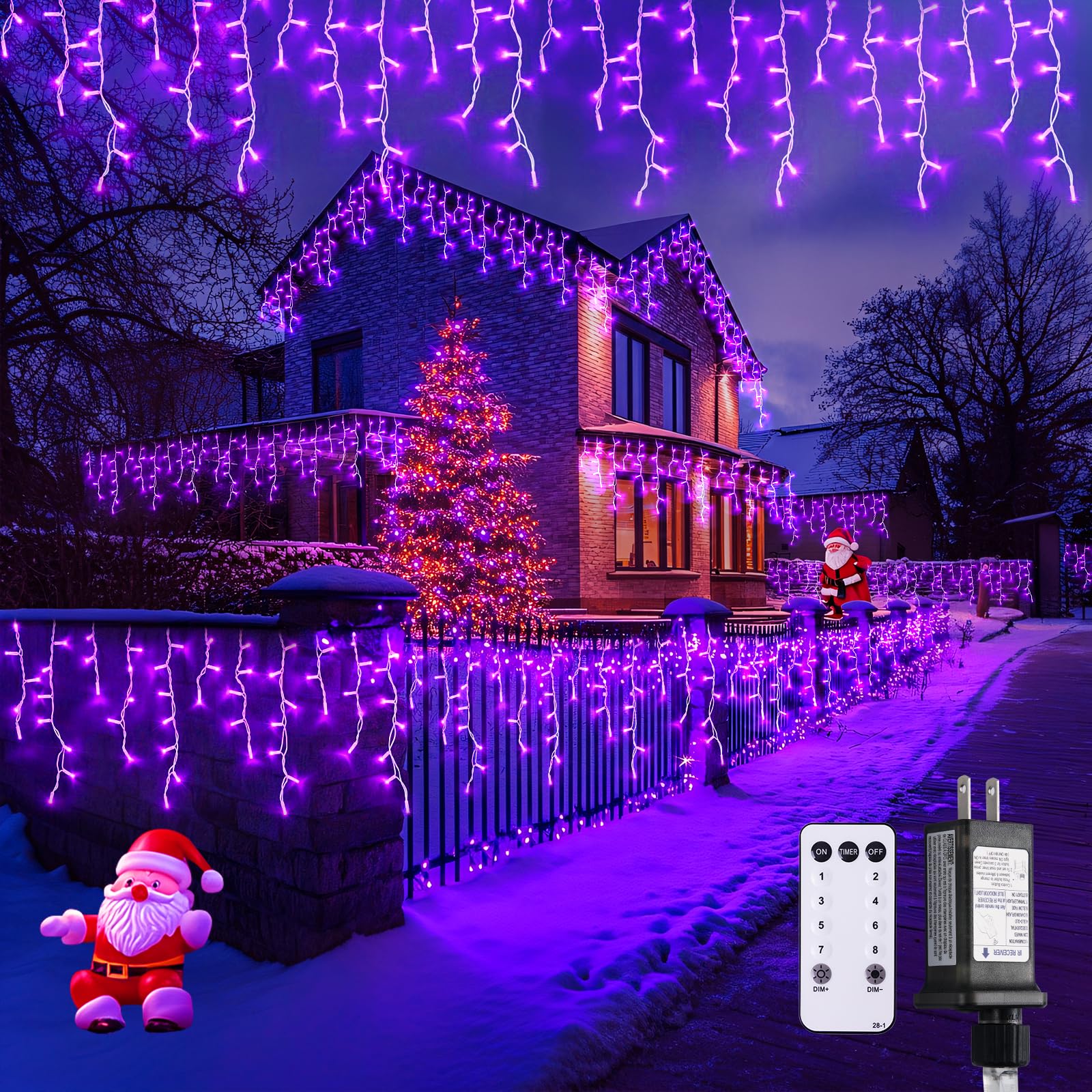 JMEXSUSS Purple Icicle Lights, 400 LED, 33.8 FT, Waterproof, 8 Modes, Model EXS-I-0400, Outdoor Christmas Decorations