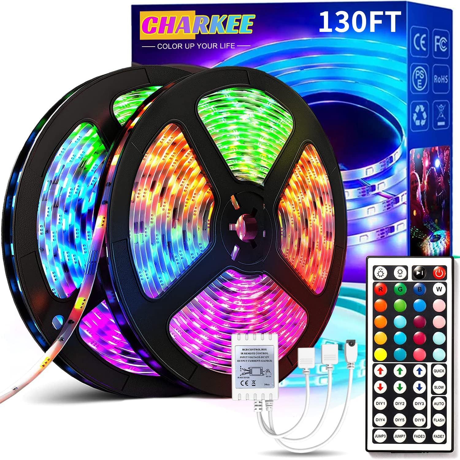 CHARKEE LED Strip Lights 130ft RGB Color Changing Kit with 44 Keys Remote, Multicolor, Model TCF0222044R-RA01-AUS