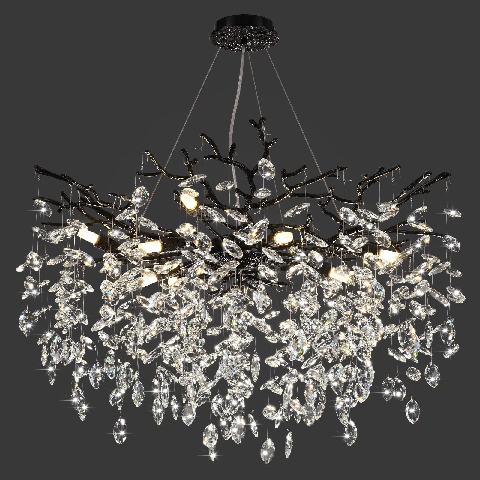 kvtinmty Modern Black Crystal Tree Branch Chandelier, 10-Light 30'' Black K9 Crystal Chandeliers for Dining Room, Round Chandeli