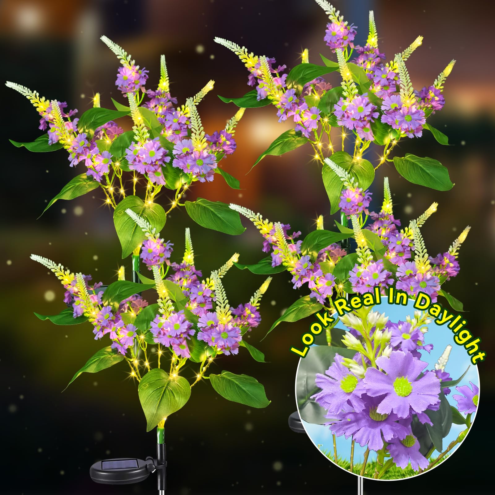 Neporal Solar Flowers Outdoor Waterproof Purple, Lilac Garden Solar Lights Decorative 4PK 8-Stem, 2 Lighting Modes, Solar Powere