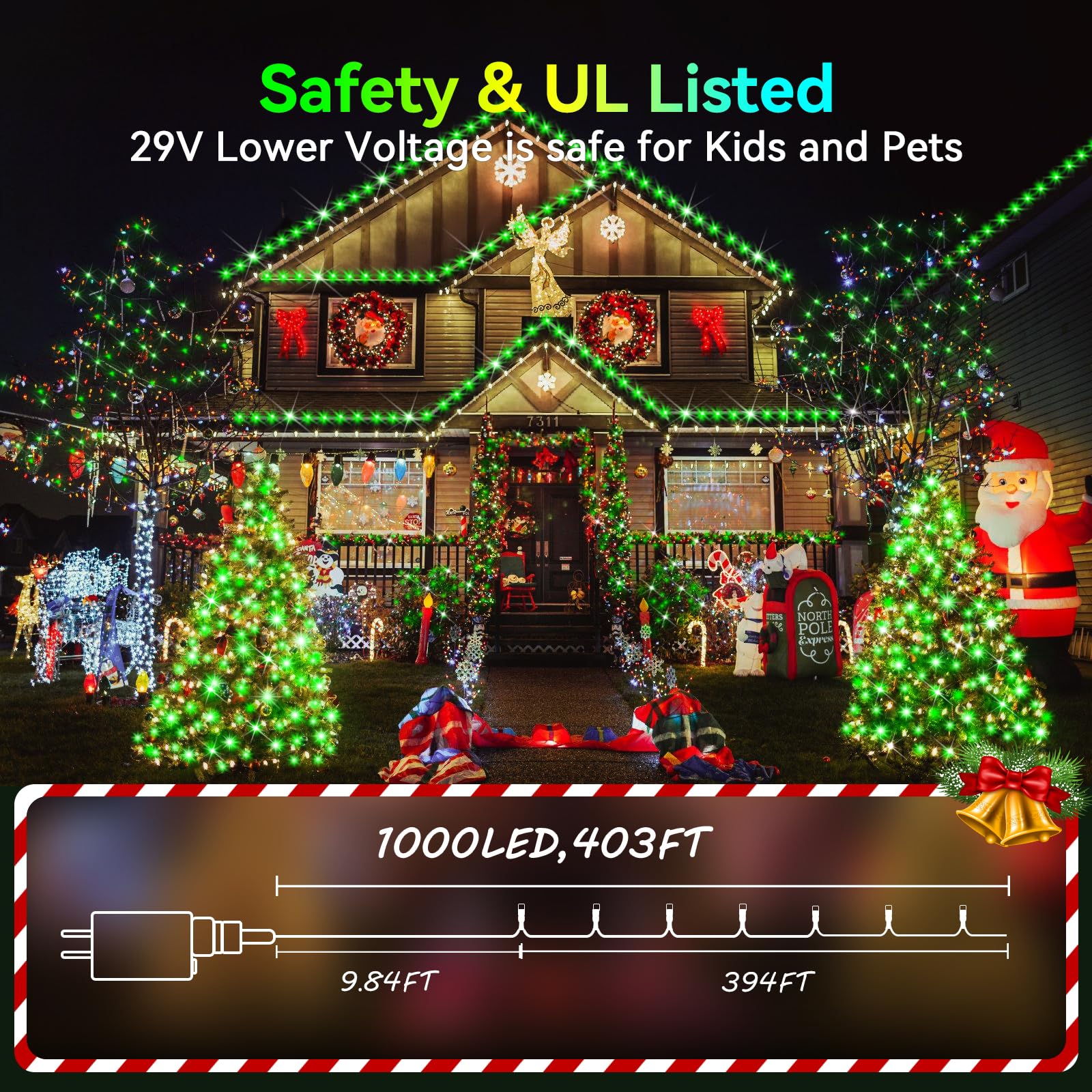 Hezbjiti 1000LED Outdoor Christmas String Lights, 394FT, Green, Waterproof, Remote, 8 Lighting Modes, Timer
