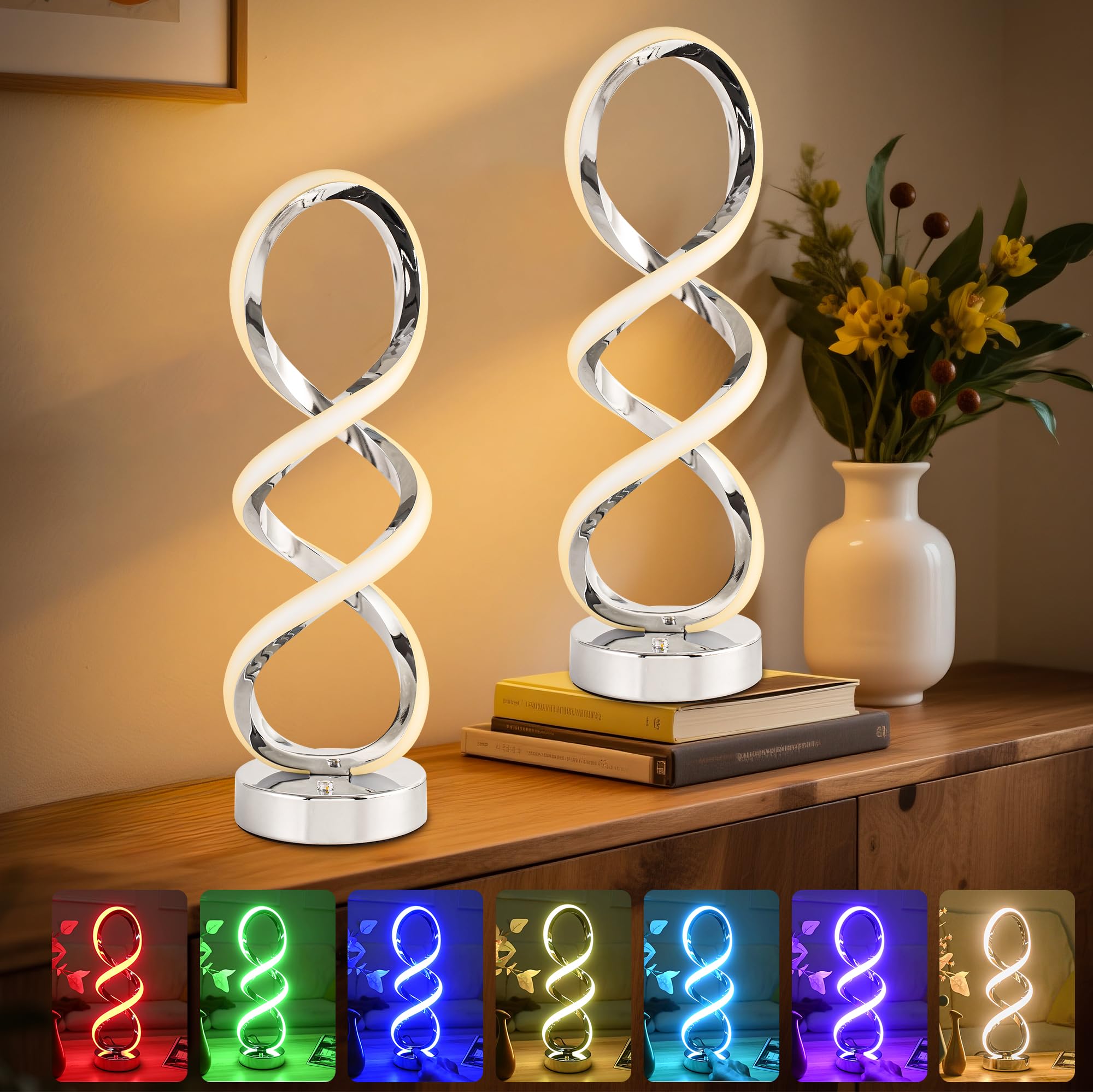 Adebime Modern Spiral RGB Table Lamp, Touch Dimmable Bedside Lamp, 7 Colors 10 Light Modes Spiral Design Table Lamp, Unique Nigh