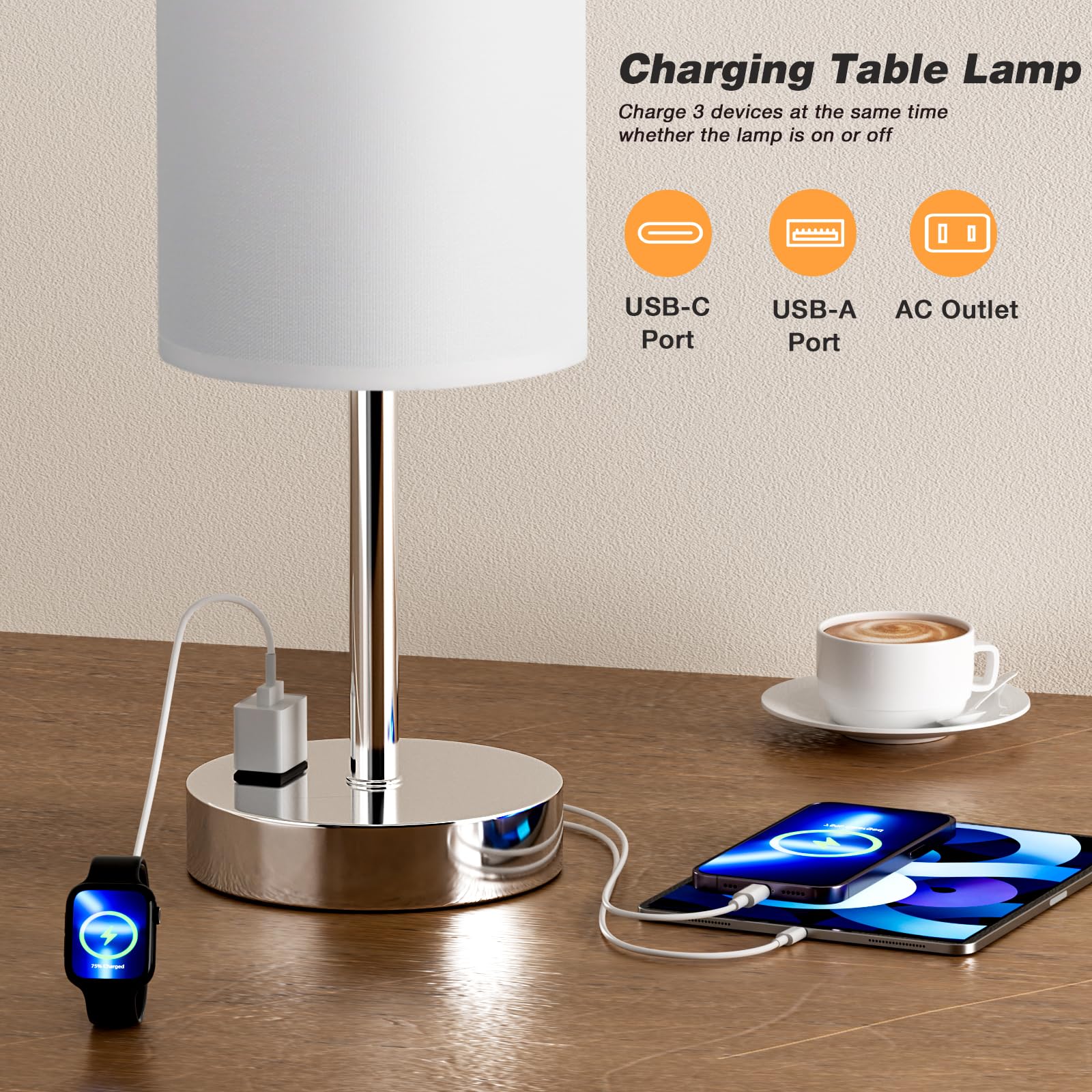 Fenmzee Touch Bedside Lamp - White, 3-Way Dimmable, Usb A + C Charging, Ac Outlet, 17.4Inch Medium