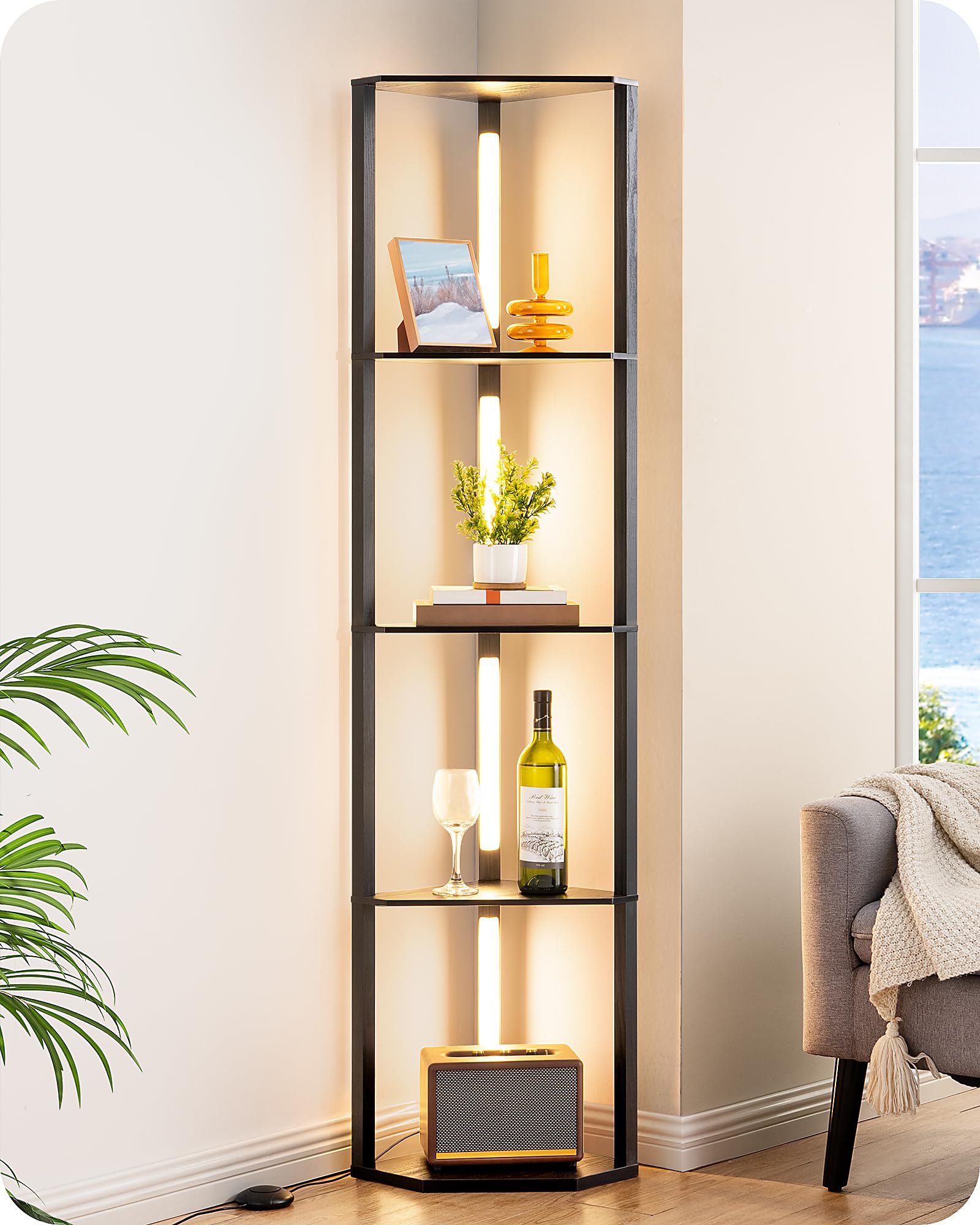 EDISHINE 64in Corner Display Shelf with Light, Stepless Dimmable Floor Lamp, Black Wood