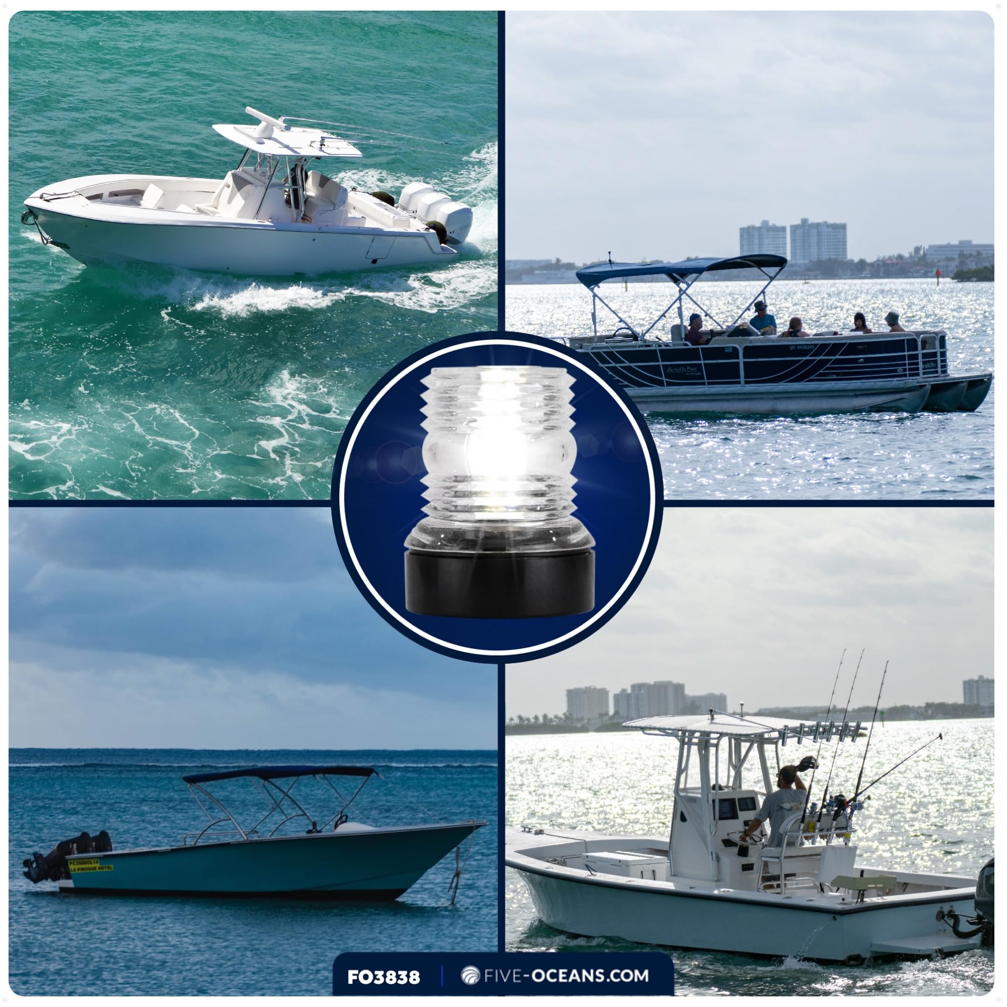 Five Oceans Anchor Light - 12V DC Stern Navigation Light, USCG Certified, 3-Inch Surface Mount, Fixed Color for Boats