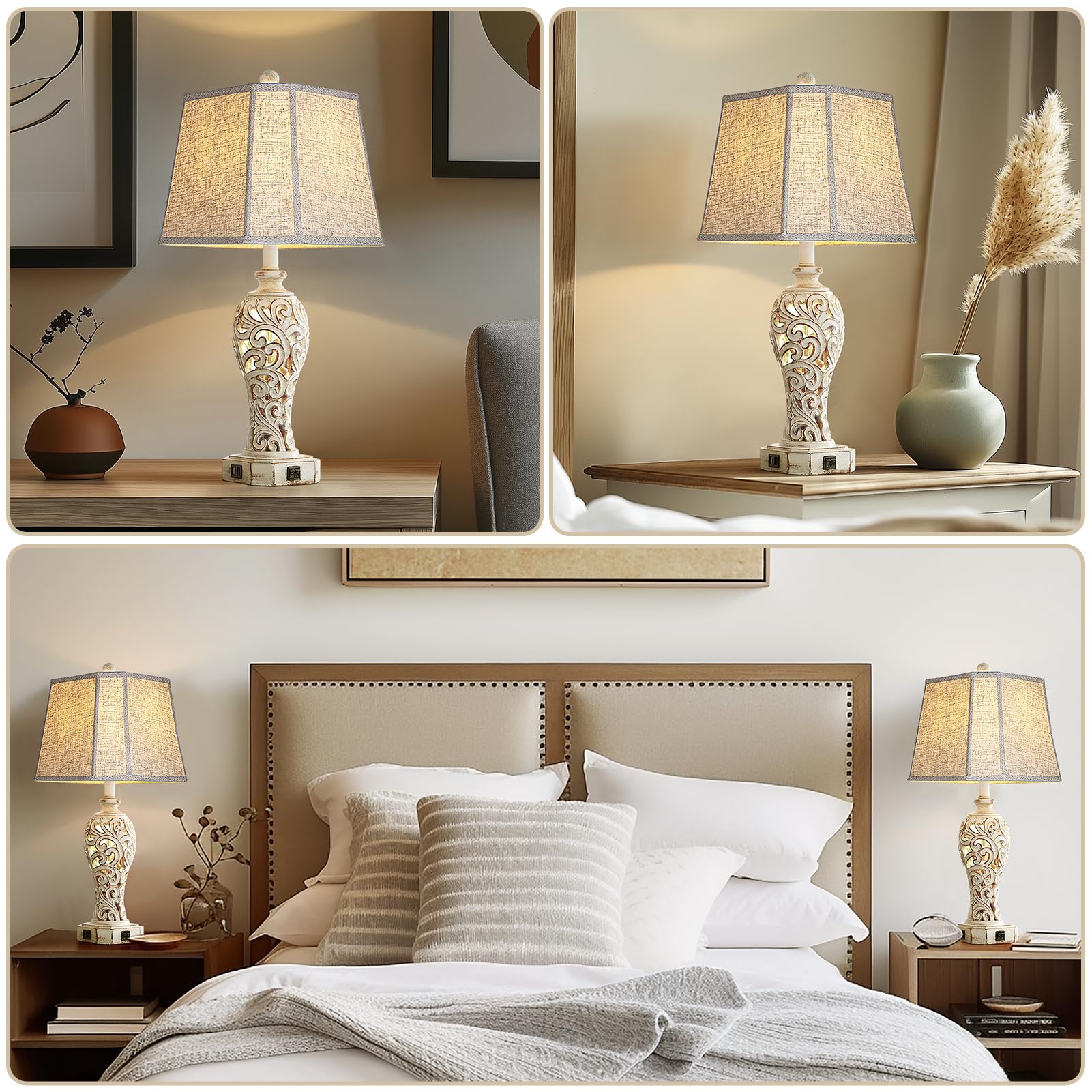 Reyokale 25'' Farmhouse Table Lamp - Vintage Rustic Design, 2 USB Ports, White Hollow Out Resin, Nightstand Desk Lamp, Bulb Included
