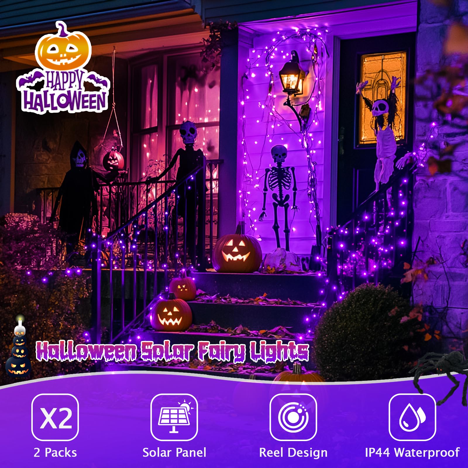 JMEXSUSS Solar Fairy String Lights, 200 LED, 66ft, 8 Modes, Copper Wire, Purple, 2 Pack for Christmas, Garden, Party Decorations