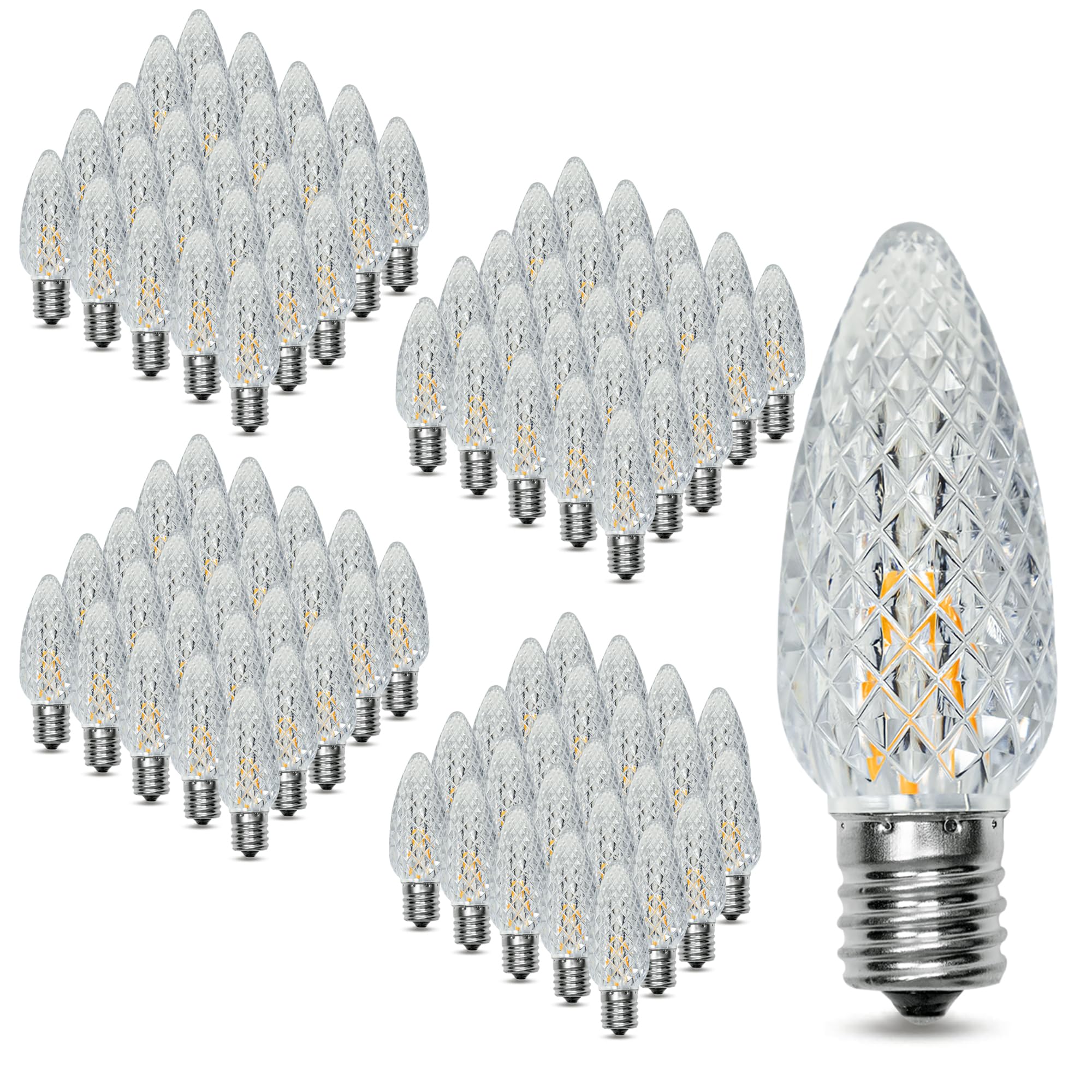 MEILUX 100Pack C9 Christmas LED Light Bulbs  Strawberry Replacement Bulb 2200K Warm White Shatterproof & Waterproof Outdoor String Light Bulbs  E17 Candelabra Base Edison Bulbs for Holiday Decoration