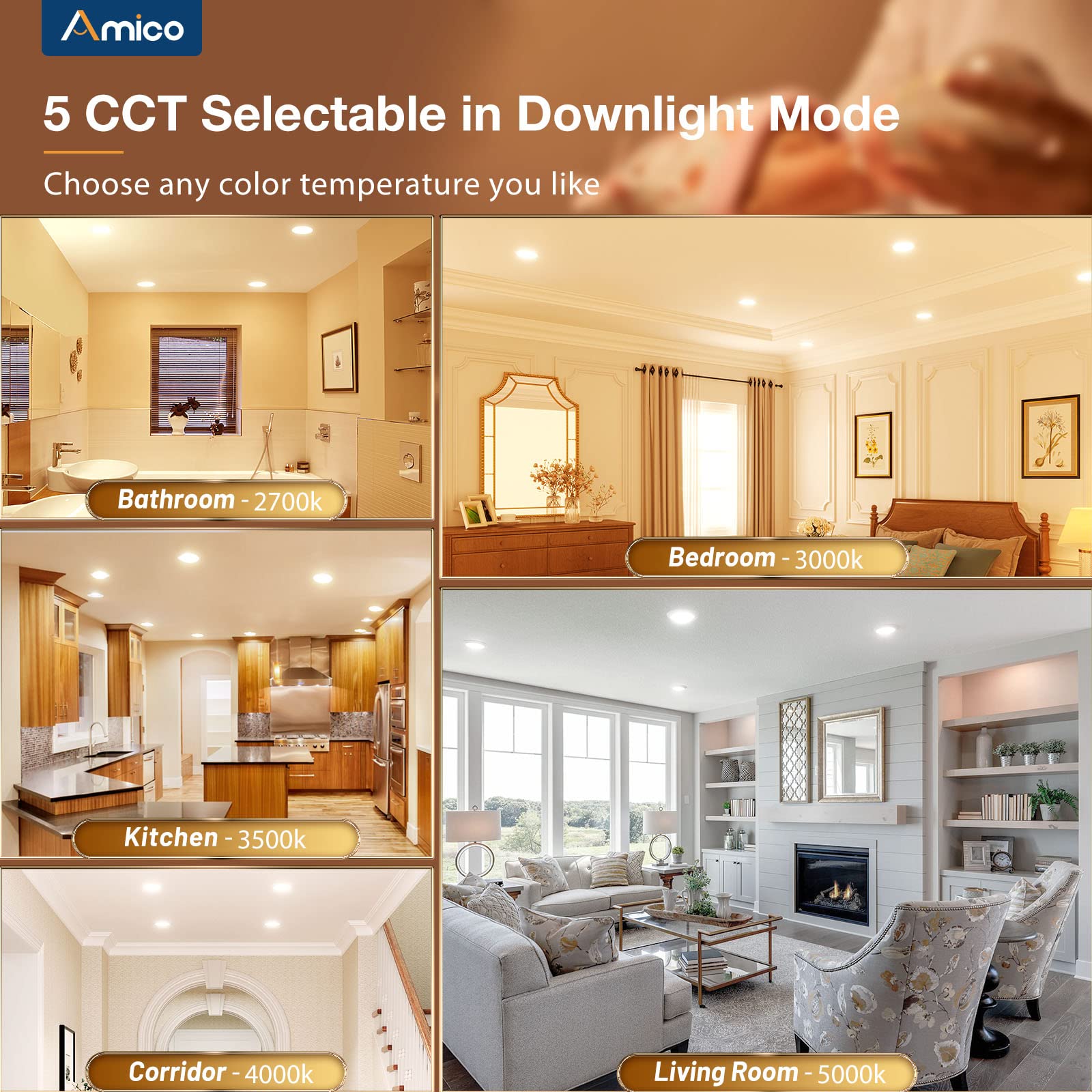 Amico 6 Pack 6 Inch 5Cct Led Recessed Ceiling Light With Double Ring Night Light, 2700-5000K Selectable Ultra-Thin Recessed Ligh