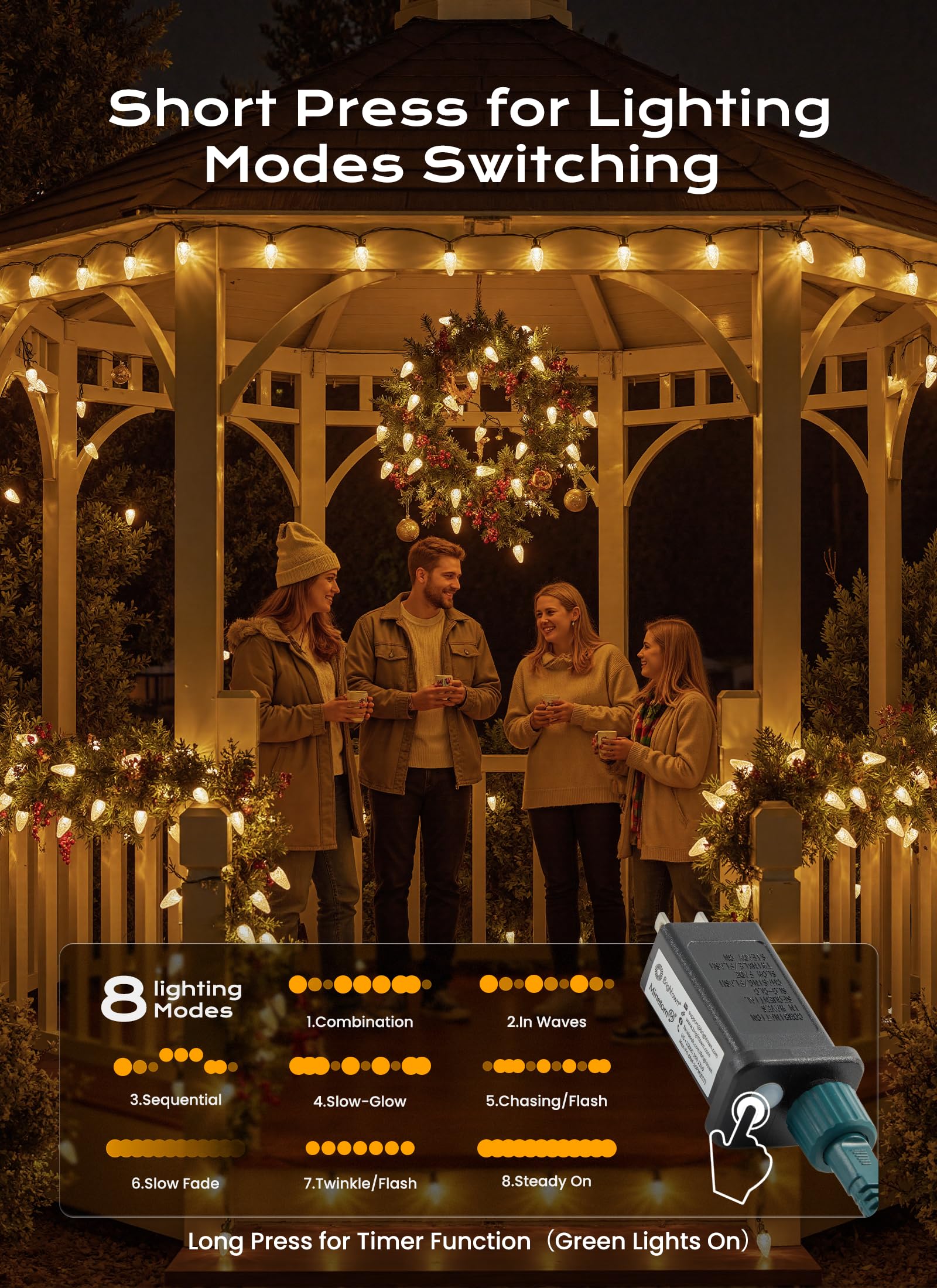 Minetom C9 String Lights, 100 LED, 66 FT, Warm White, 8 Modes, Timer, Connectable, Indoor/Outdoor Holiday Decoration