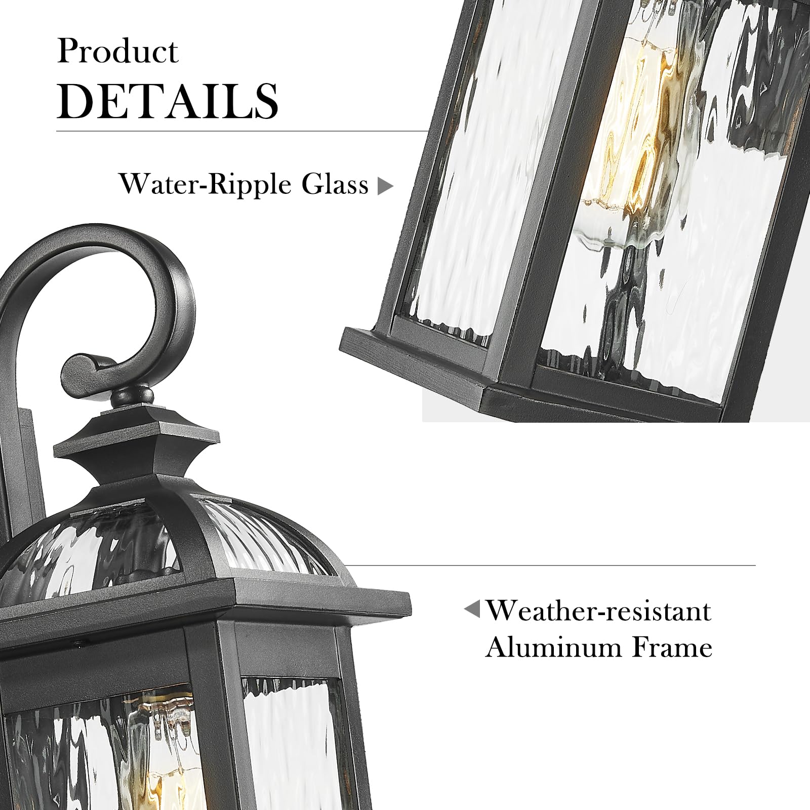 Darkaway Outdoor Wall Light Fixture - 15" Black Sconce with Water Ripple Glass for Porch, Hallway, Garage - Model 6D5B BK+SW