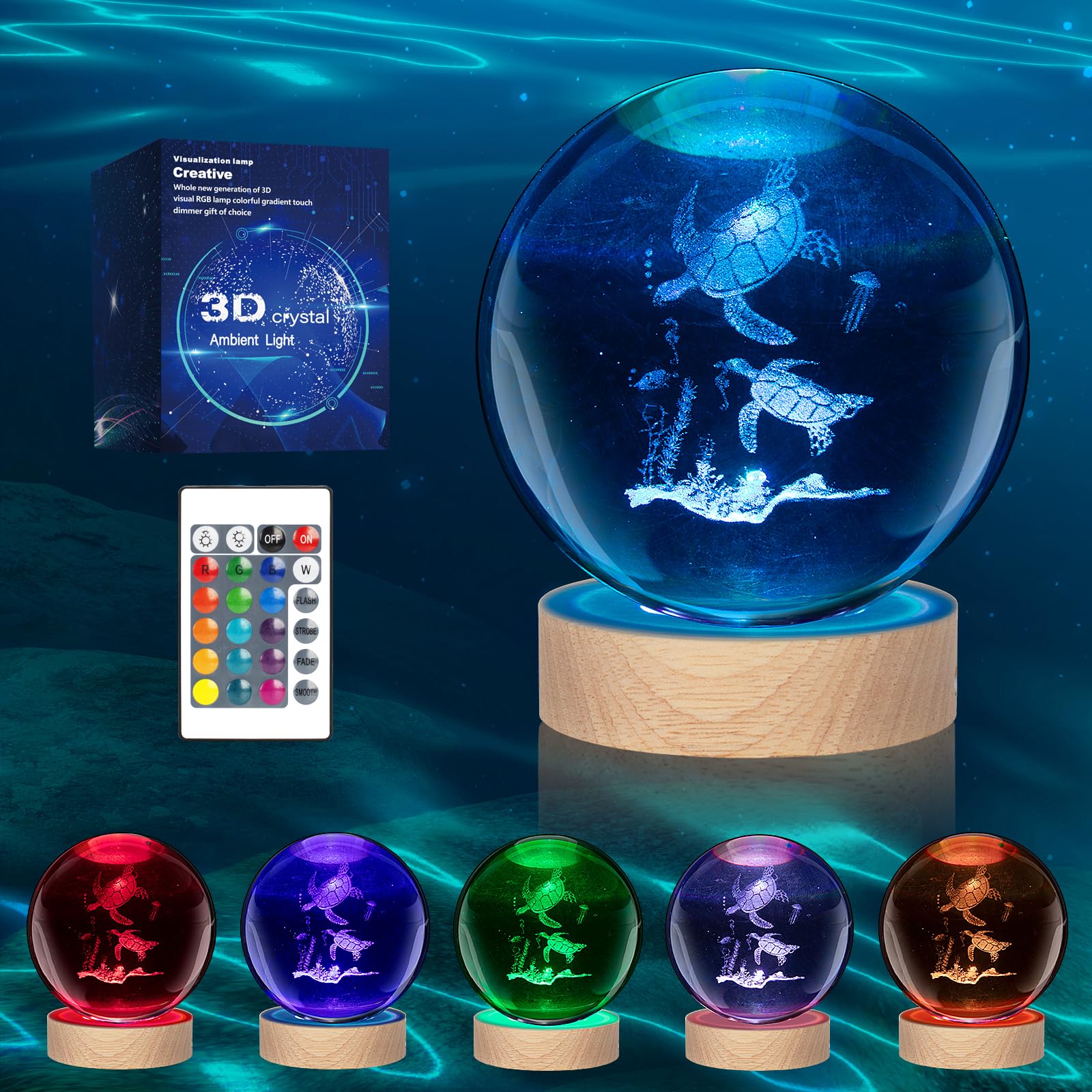 3D Sea Turtle Crystal Ball Night Light with Woodern Base, Large Sea Turtle Glass Ball Lamp 16 Colors with Remote Control Sea Tur