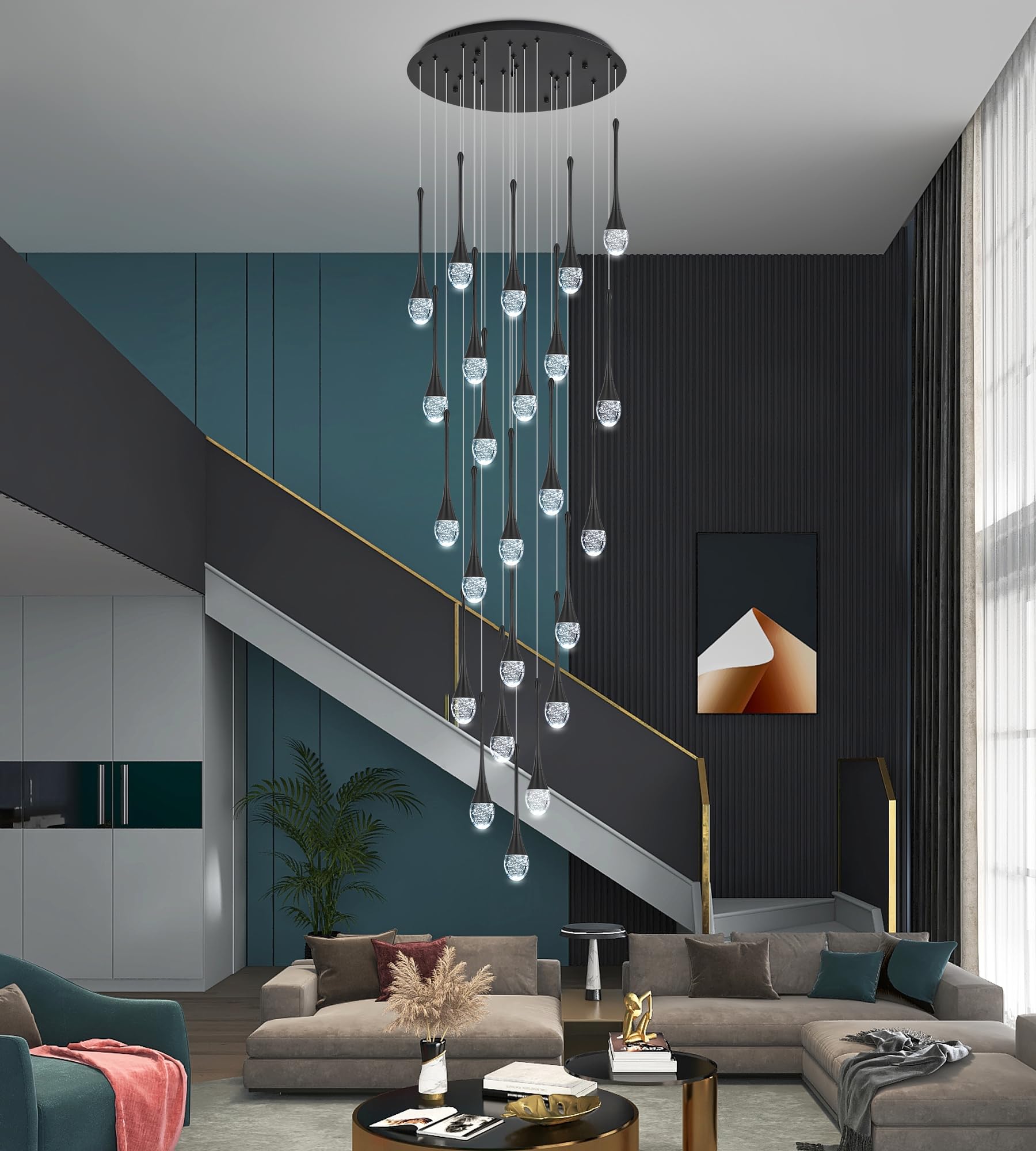 Upfelw Modern Crystal Staircase Chandelier, 24 Lights, Black Metal, H138'' Dimmable LED, Model UCC-B24-0436, Remote Control