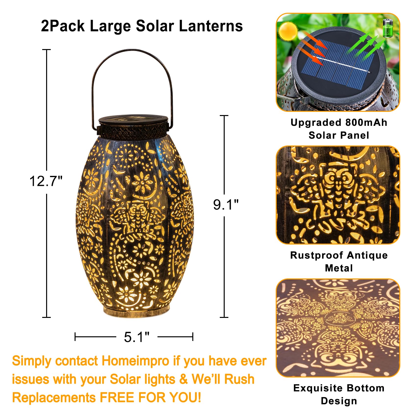 2Pack Owl Solar Outdoor Lanterns Waterproof, Large Decorative Garden Solar Lights For Table, Patio, Yard, Lawn Ornaments, Birthd