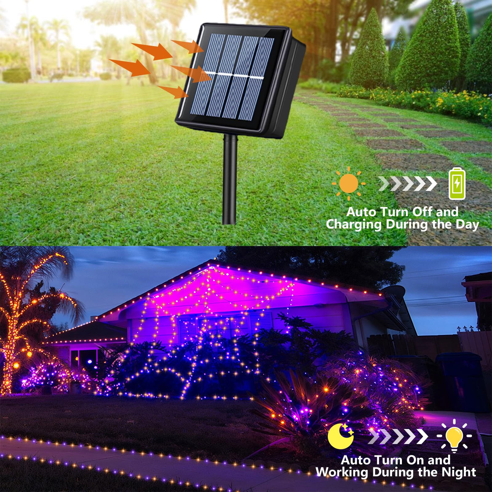 Qitong Orange And Purple Solar String Lights, 2 Pack Each 66Ft 200 Led Halloween String Lights Outdoor Waterproof, 8 Modes Chris