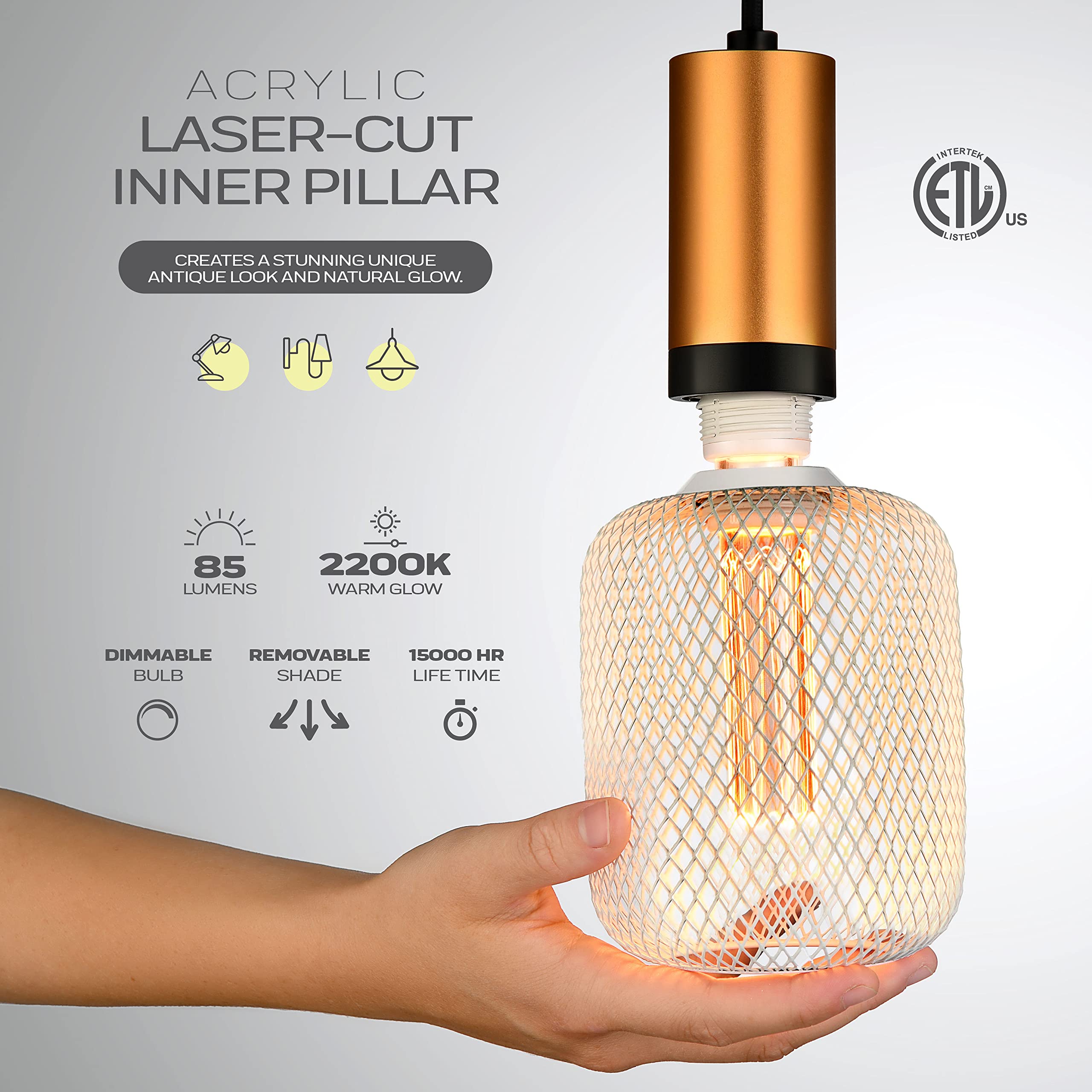 Next Glow Dimmable LED Light Bulb, 3.5W Equivalent to 20W, White Metal Cage, Vintage Edison Style, Cylinder Shape