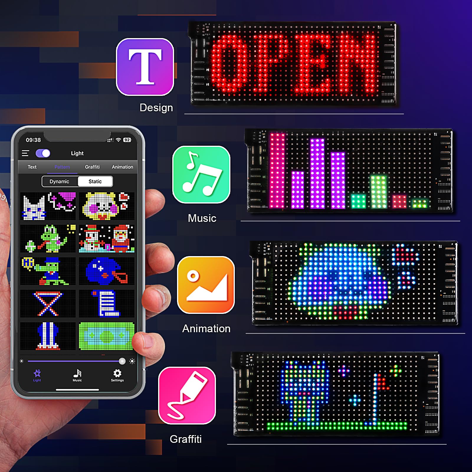 Light Sign For Car, 6.7''X2.7'' Programmable Flexible Led Matrix Panel, Bluetooth App Control Custom Text Pattern Animation Scrolling Led Display For Car Windshield