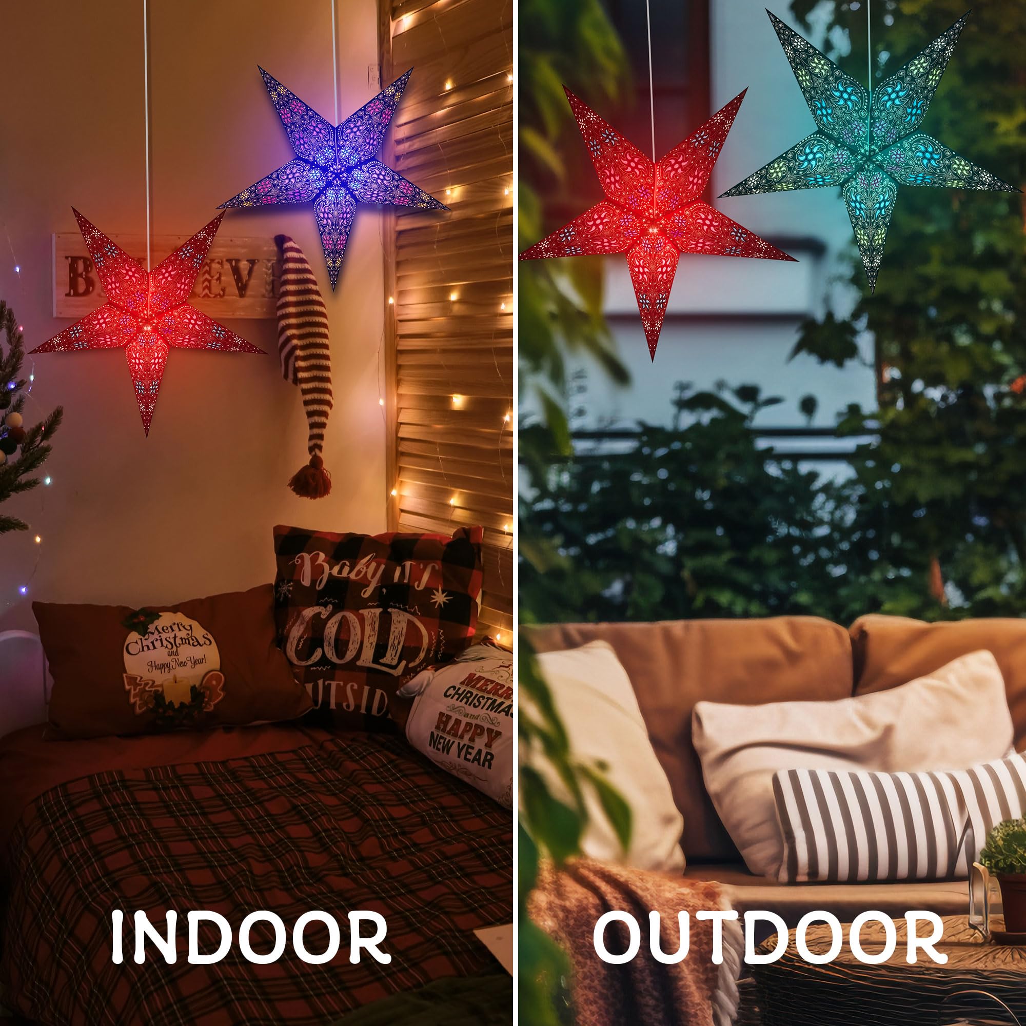 GalaxyArts Paper Star Lantern, 24 Inch, Medium, Chakra Red, 3D Hollow Out, Fairy String Lights for Indoor Outdoor Decoration