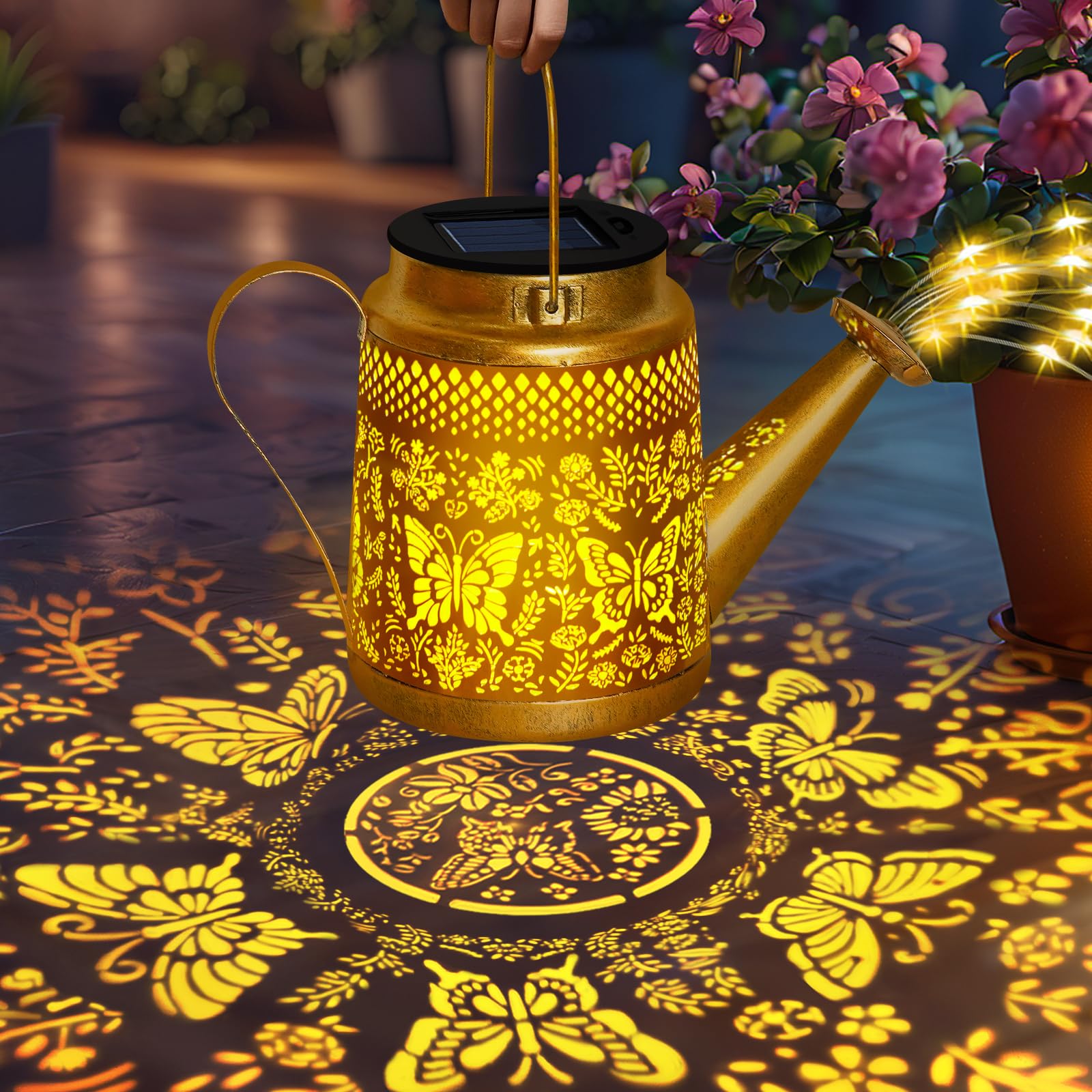 Solar Watering Can Lights Outdoor Garden Decor, Large Butterfly Hanging Lantern With Shepherd Hook, Waterproof Garden Lights For