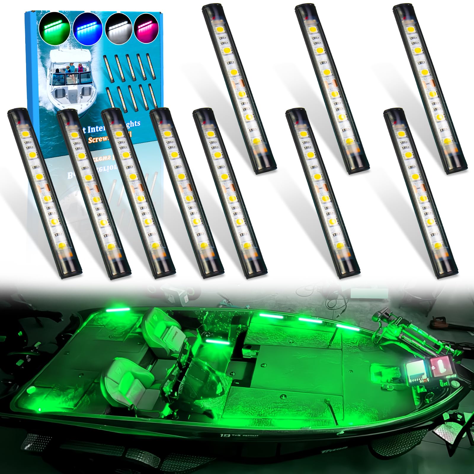 Botepon Marine LED Boat Interior Lights, IP67 Waterproof, No Drill Install, Green, Model BP-6led-strip light-10