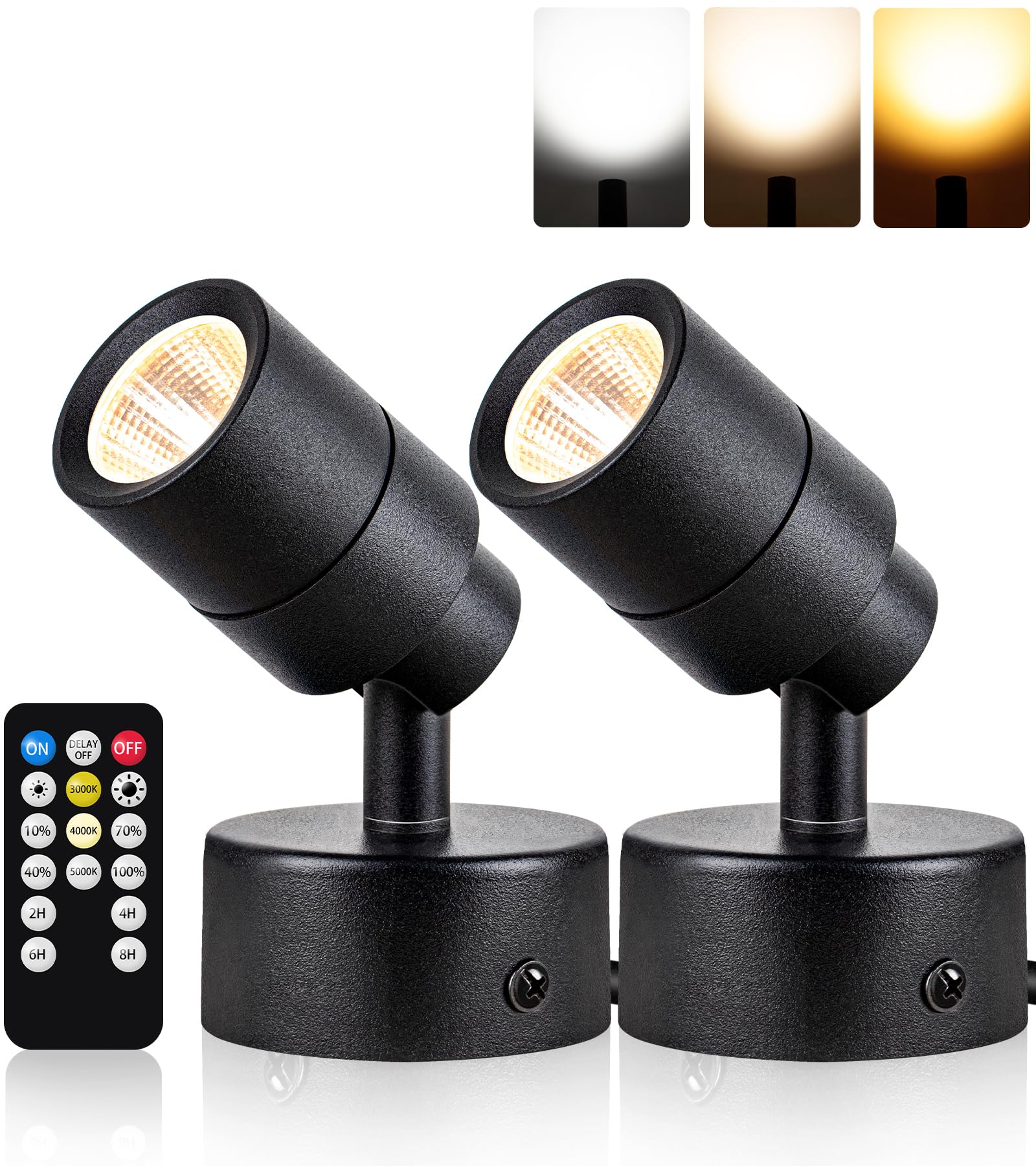 SUNVIE LED Dimmable Up Lights 2 Pack, 3W Indoor Floor Spotlight with Timer & Remote, 3000K/4000K/5000K, Black, Model SH