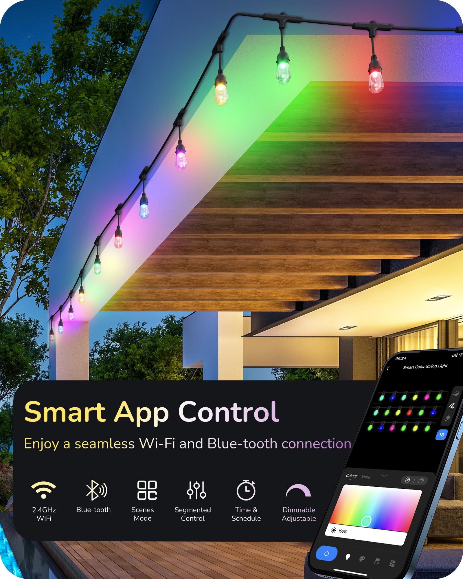 EDISHINE Smart String Lights, 48ft RGB Outdoor Patio Lights, 18 Shatterproof Acrylic Bulbs, APP & WiFi Control, Waterproof, Dimmable