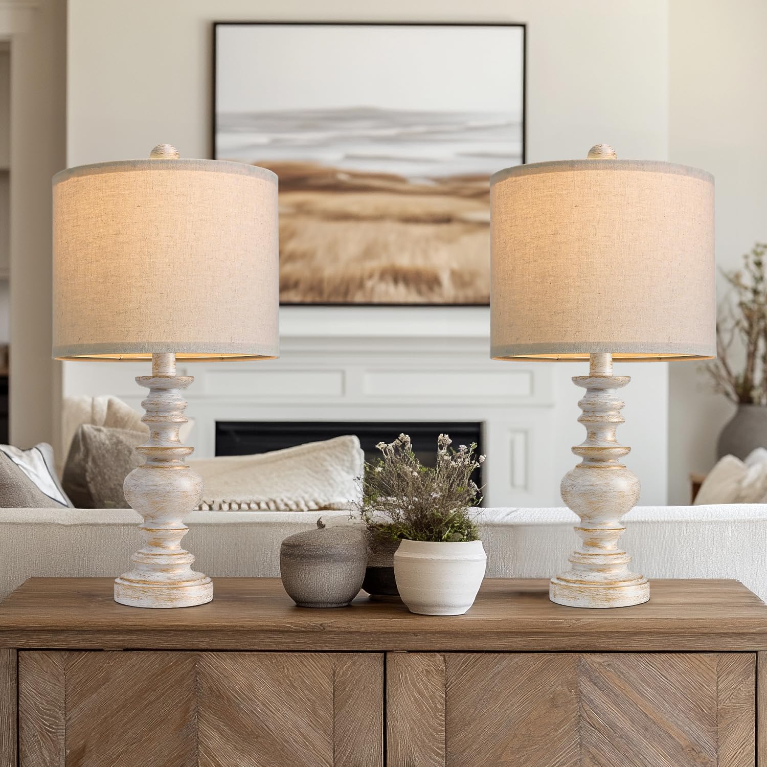 BOBOMOMO Retro Table Lamps Set of 2, 20in Small, White & Gold Finish, Linen Shades, Resin, Ideal for Living Room and Compact Spaces